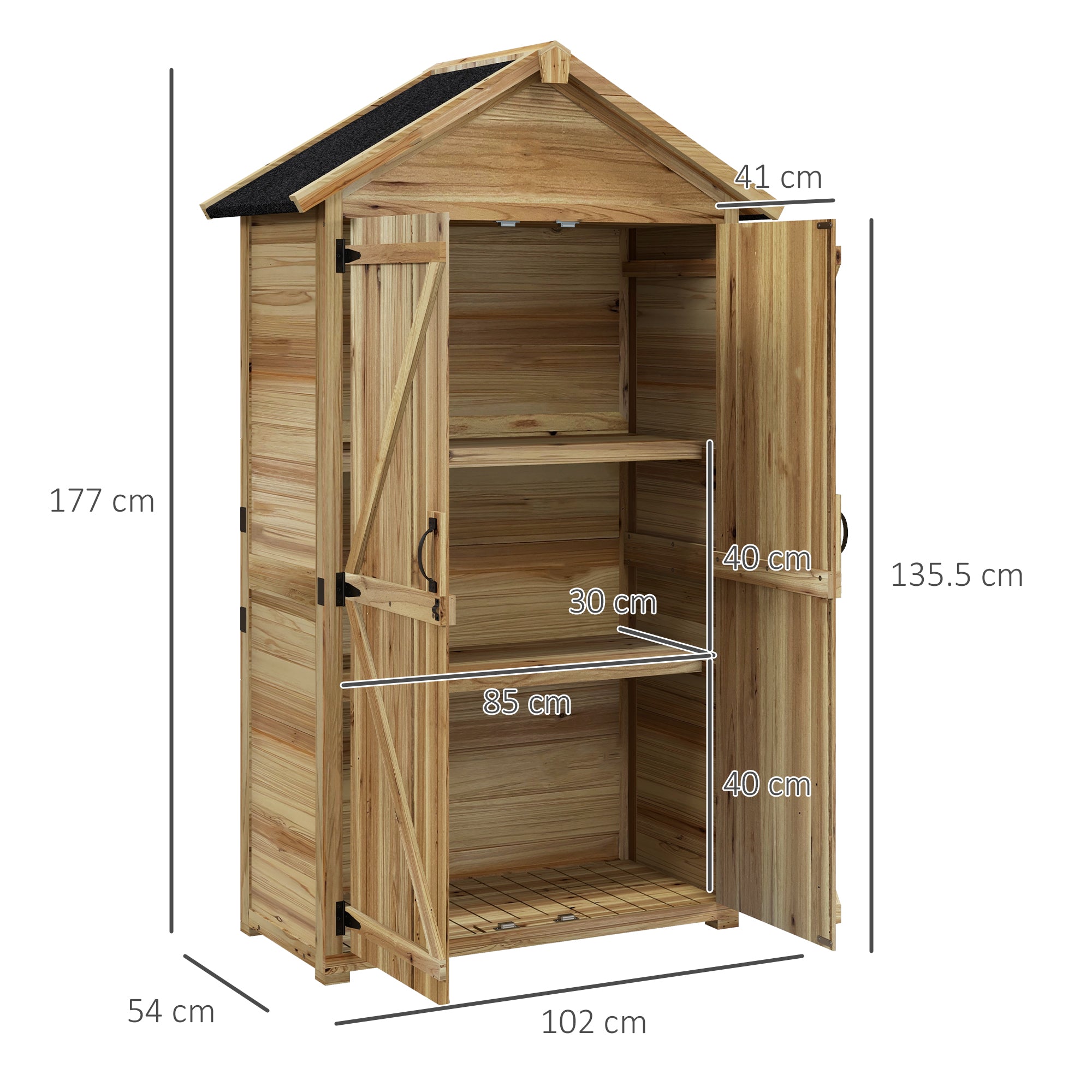 Fir Wood Garden Shed 1x1.8 m with 3 Removable Shelves, Sloping Roof and Latch, Garden Tool Shed with Adjustable Feet, Wood Color