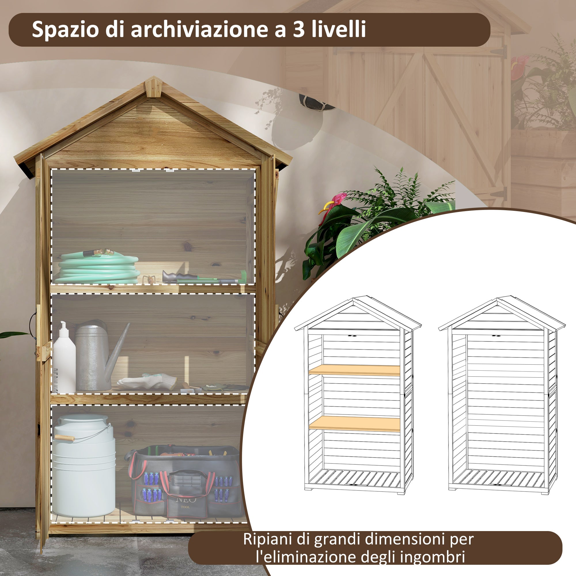 Fir Wood Garden Shed 1x1.8 m with 3 Removable Shelves, Sloping Roof and Latch, Garden Tool Shed with Adjustable Feet, Wood Color