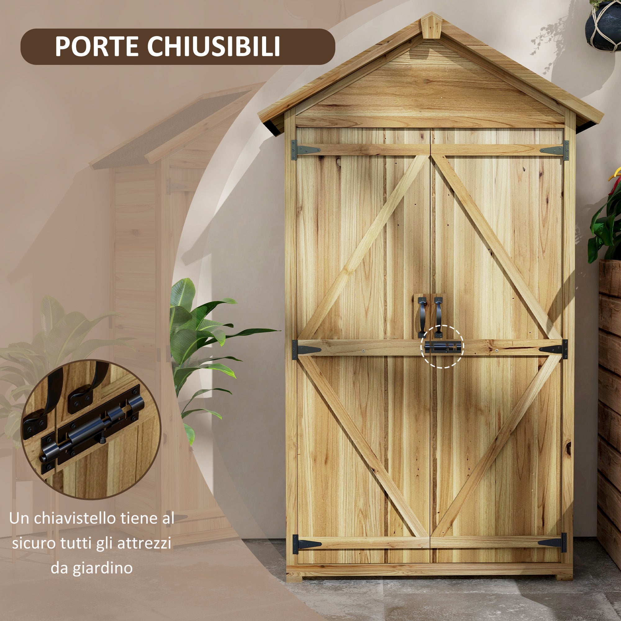 Fir Wood Garden Shed 1x1.8 m with 3 Removable Shelves, Sloping Roof and Latch, Garden Tool Shed with Adjustable Feet, Wood Color