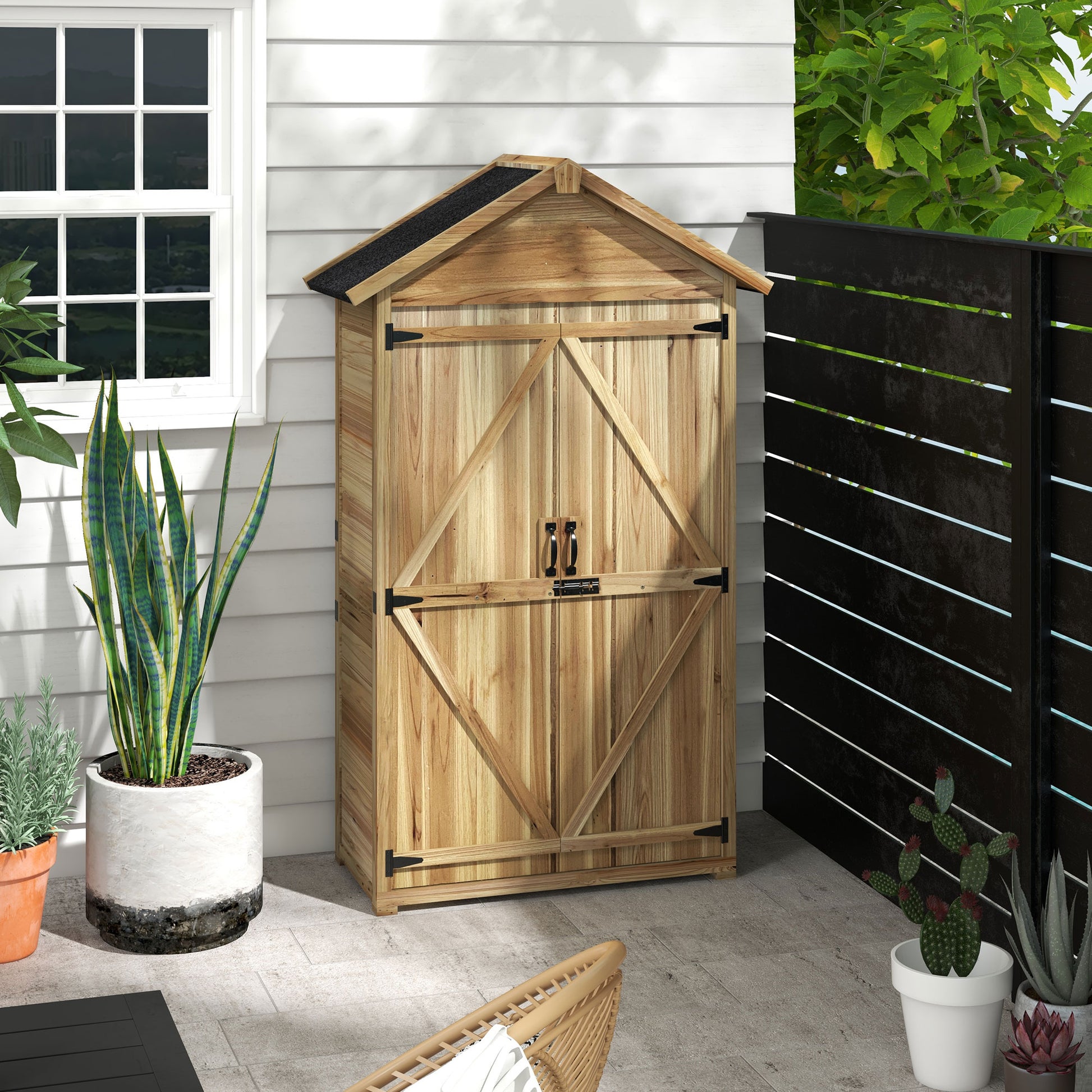 Fir Wood Garden Shed 1x1.8 m with 3 Removable Shelves, Sloping Roof and Latch, Garden Tool Shed with Adjustable Feet, Wood Color