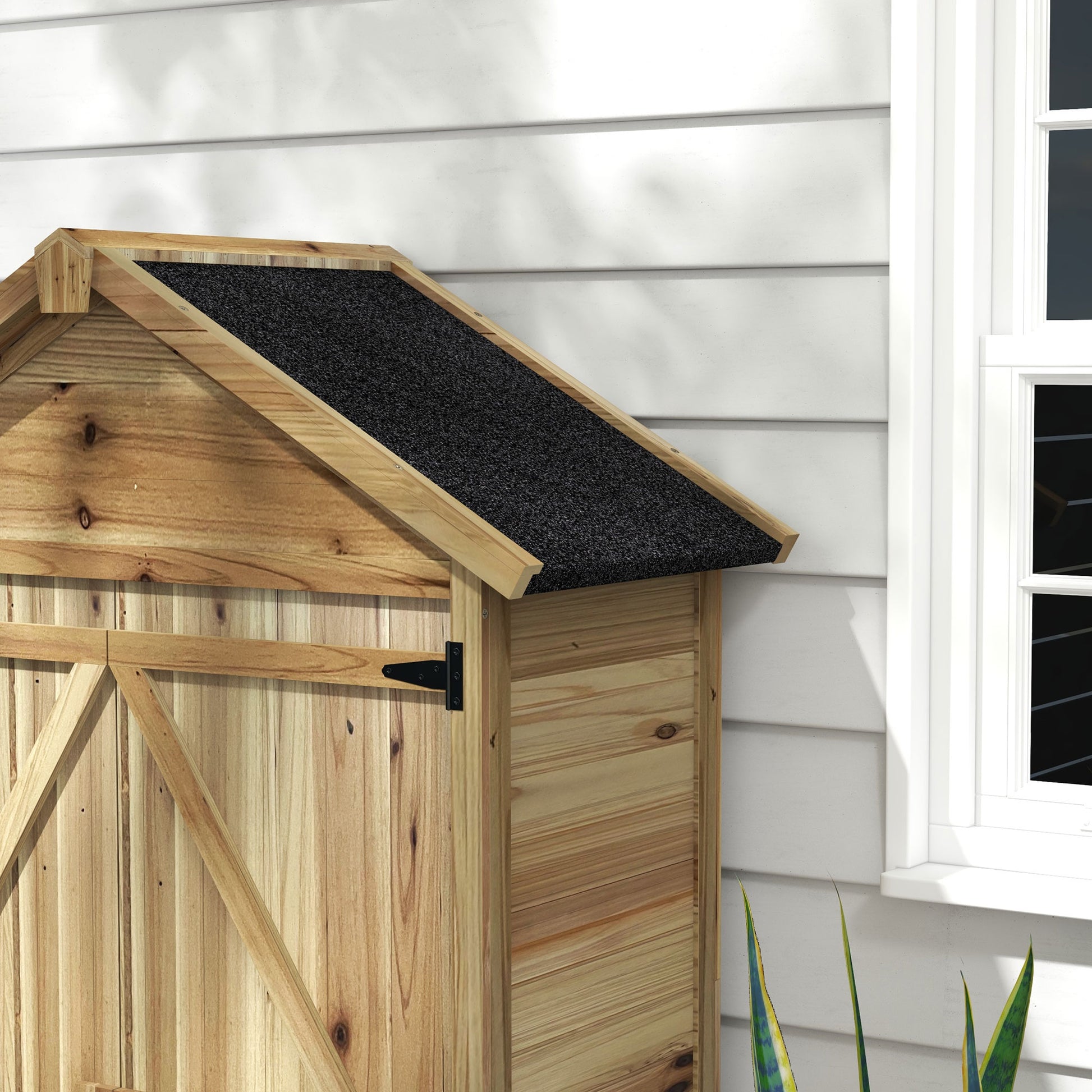 Fir Wood Garden Shed 1x1.8 m with 3 Removable Shelves, Sloping Roof and Latch, Garden Tool Shed with Adjustable Feet, Wood Color