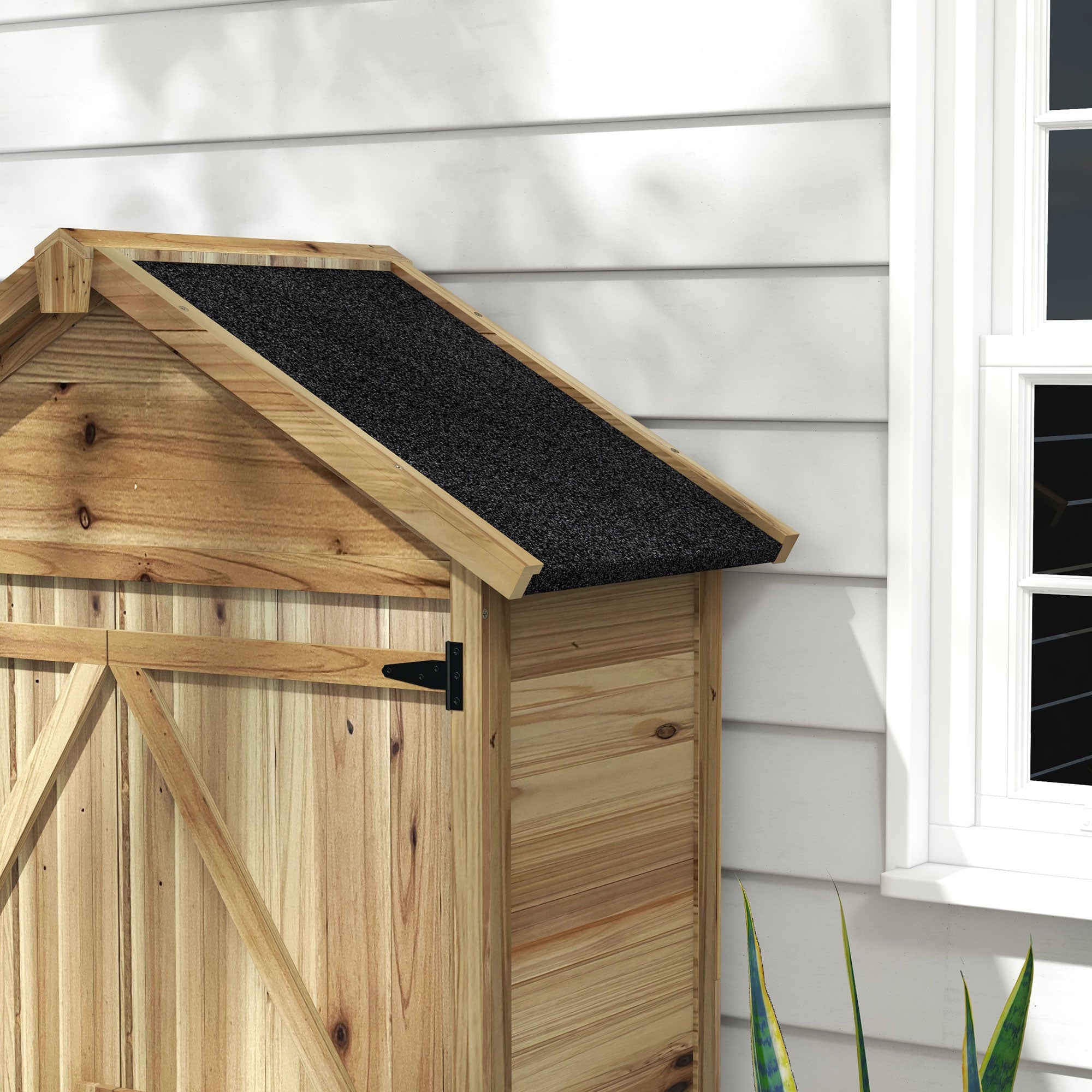 Fir Wood Garden Shed 1x1.8 m with 3 Removable Shelves, Sloping Roof and Latch, Garden Tool Shed with Adjustable Feet, Wood Color