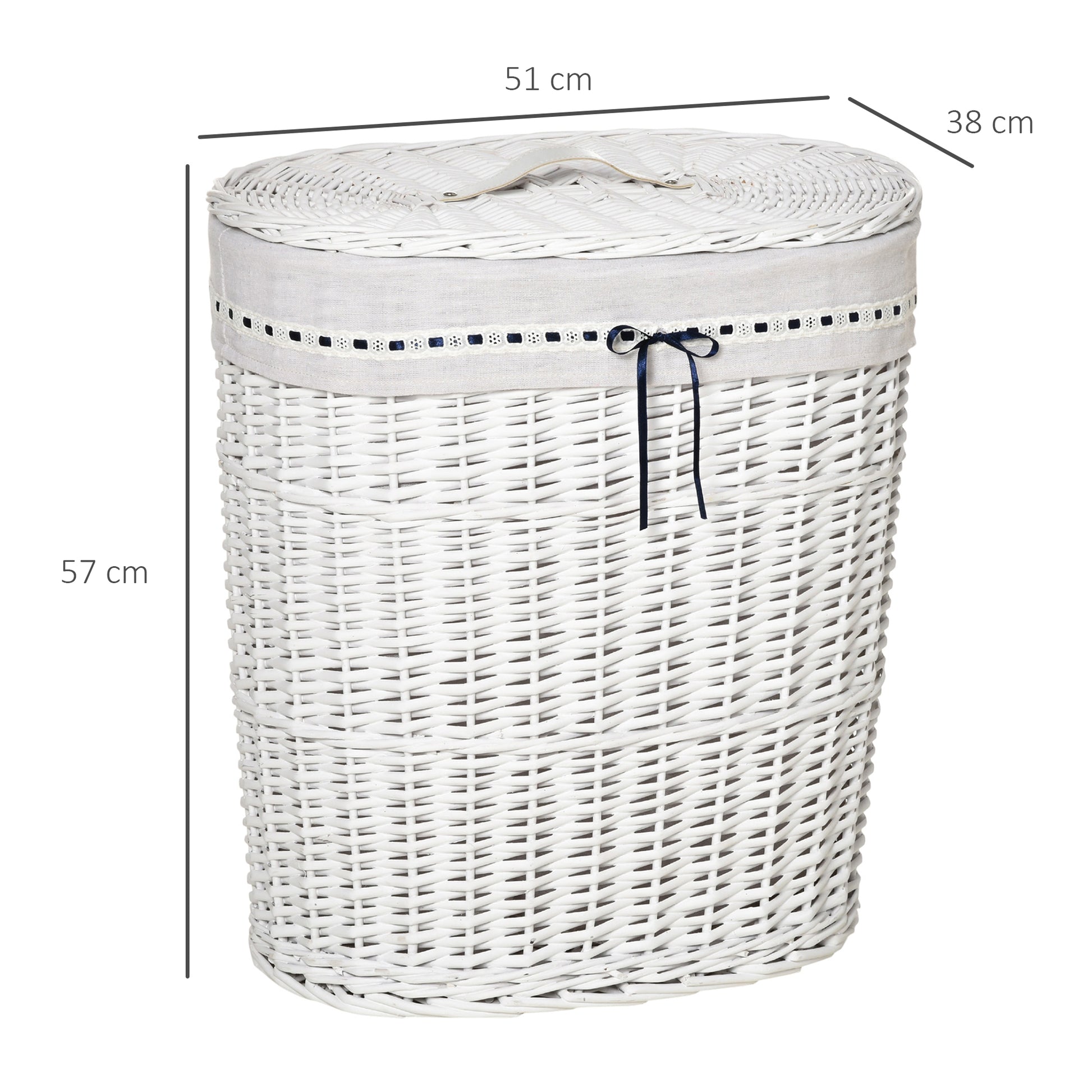 Wicker Laundry Basket with Lid, Washable Fabric Inner Bag, Holds 15kg of Dirty Laundry, White