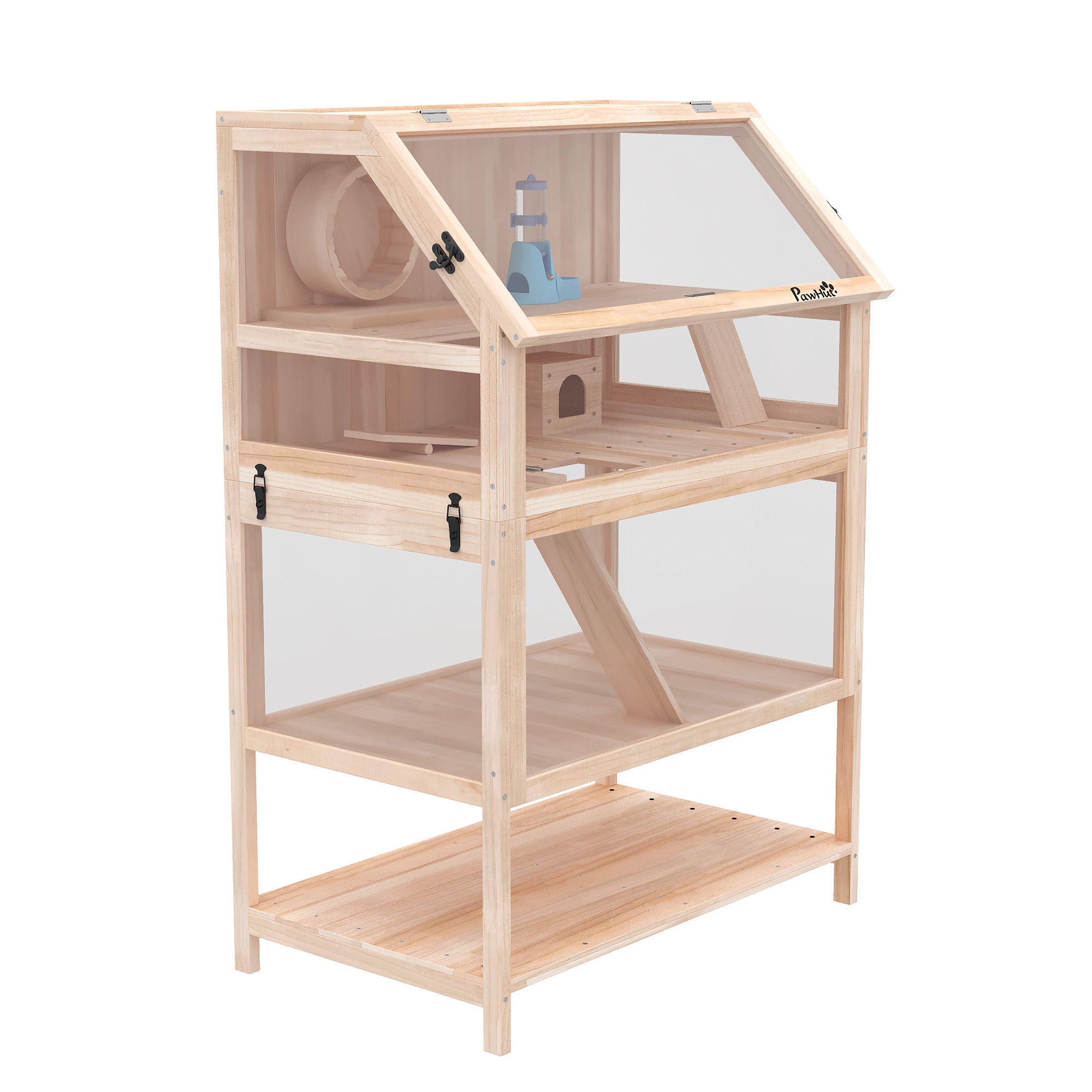 3-Level Wooden Hamster Cage, 31.5 x 20.9 x 46.1 in (80 x 53 x 117 cm) — Small Animal Cage with Removable Base, Storage Shelf, Silent Wheel, Ramps, Water Bottle & House — Natural Wood