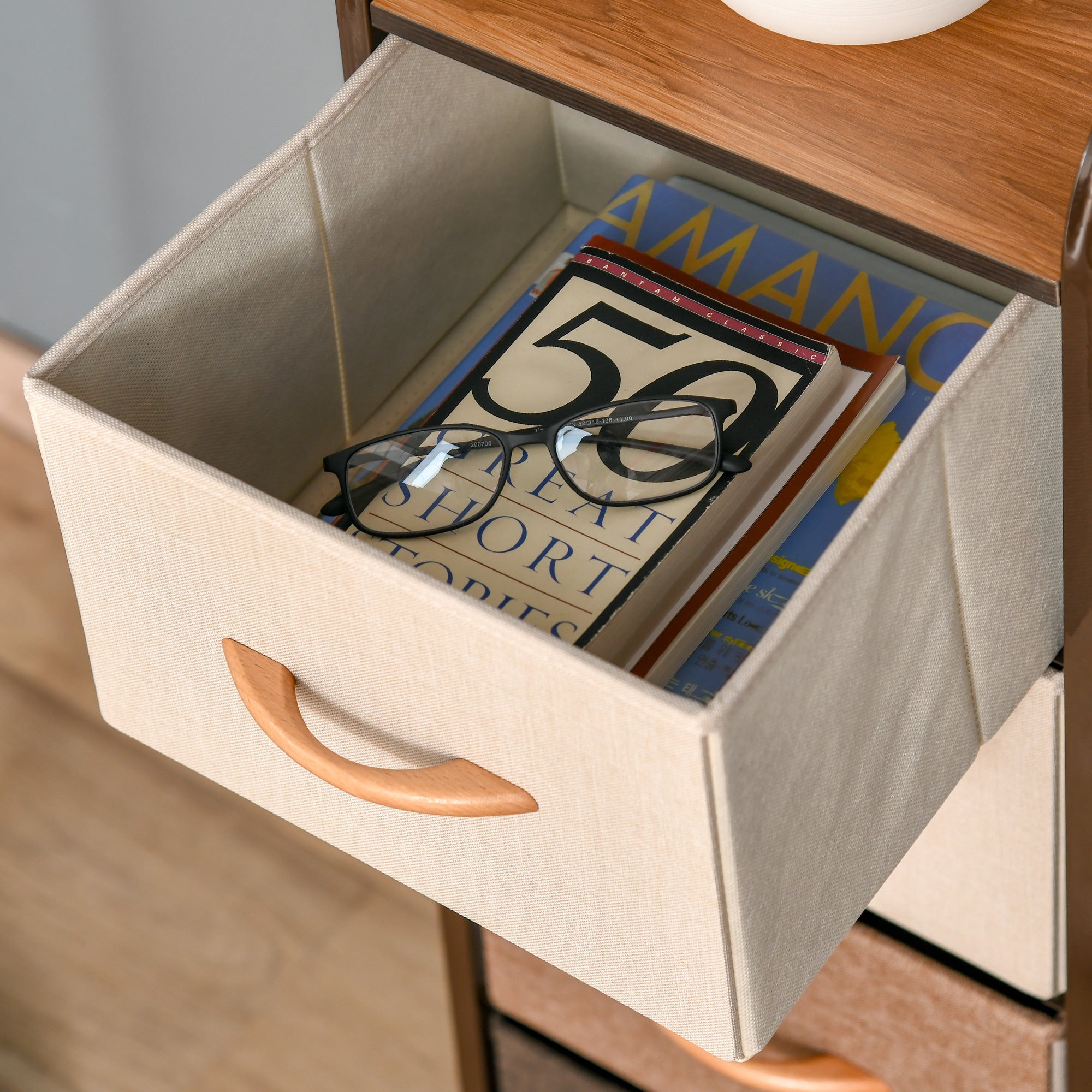 Fabric Chest of Drawers for Bedroom with 4 Foldable Drawers Wooden Top and Metal Frame for Living Room 31x29x99 cm Multicolor