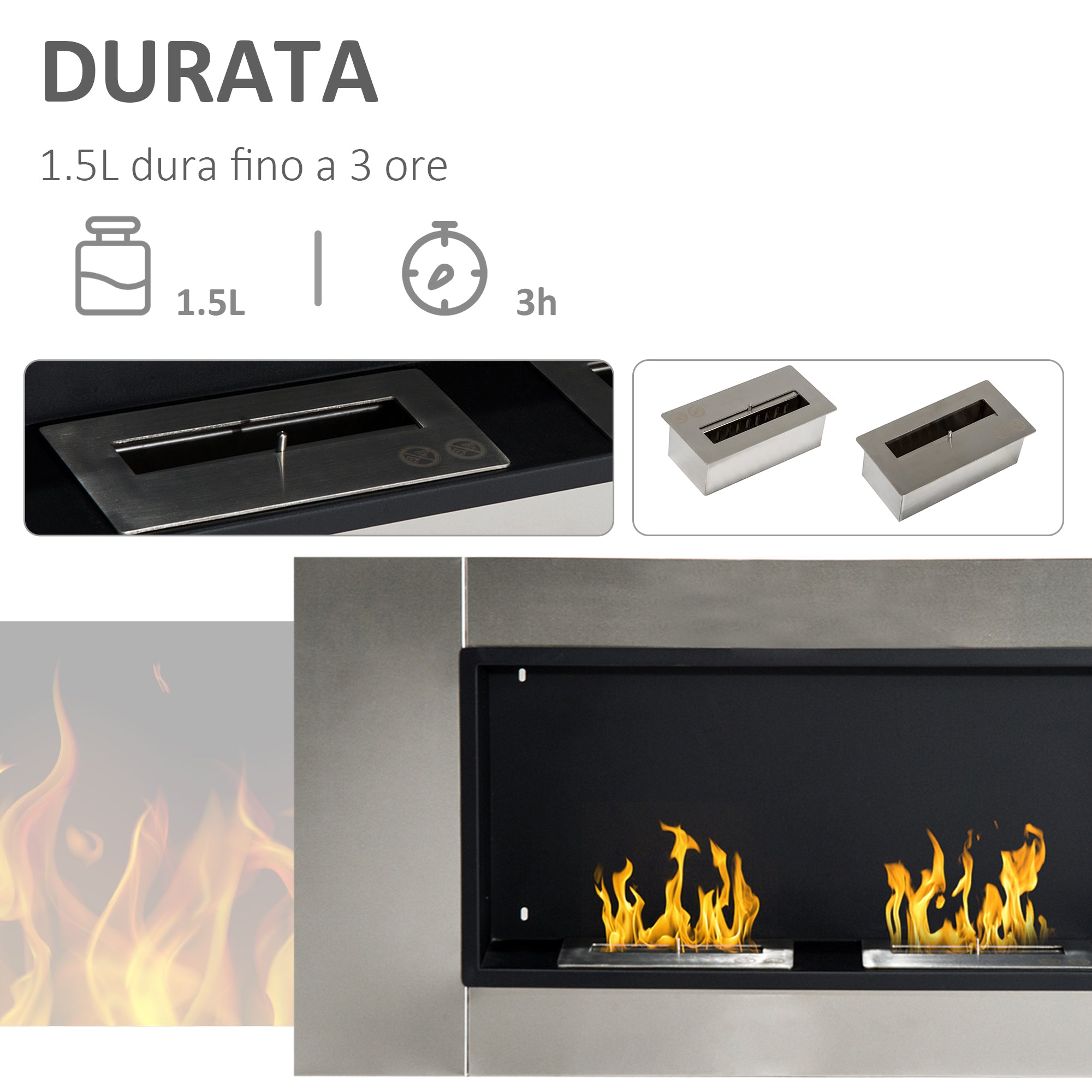 Wall-Mounted Bioethanol Fireplace with 2 Burners 3L Capacity 13600BTU 110 x 54 x 14.5cm