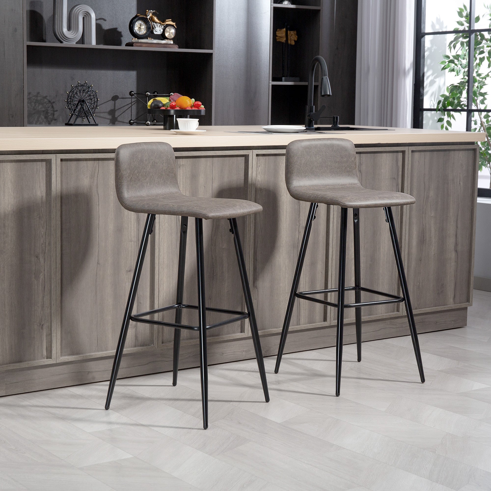 Set of 2 Bar Stools with Low Backrest, High Chairs with Footrest, PU Coating, and Steel Legs, for Living Room, Dining Room, and Bar, Dark Brown