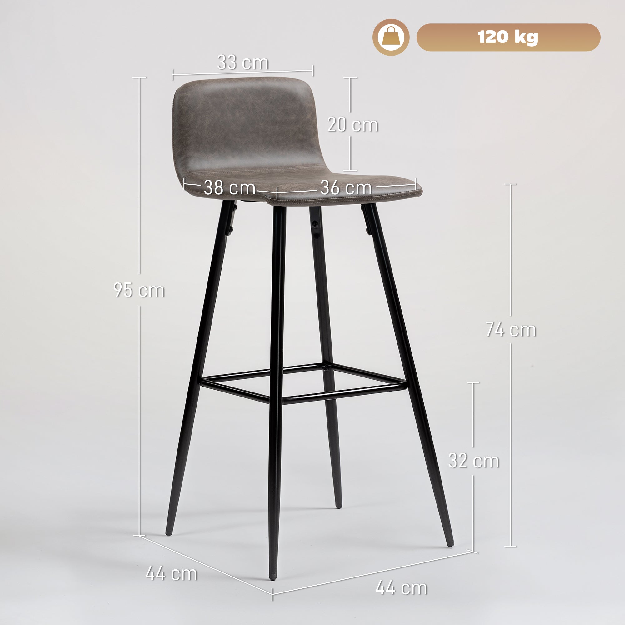 Set of 2 Bar Stools with Low Backrest, High Chairs with Footrest, PU Coating, and Steel Legs, for Living Room, Dining Room, and Bar, Dark Brown