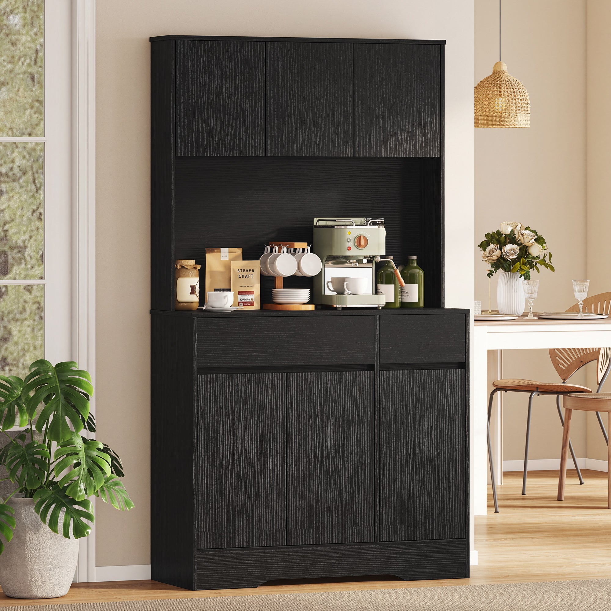 Kitchen Pantry Cabinet with Worktop, 6 Doors, Adjustable Shelves & Microwave Shelf, Cable Management — Black (39.4 x 15.0 x 70.9 in)