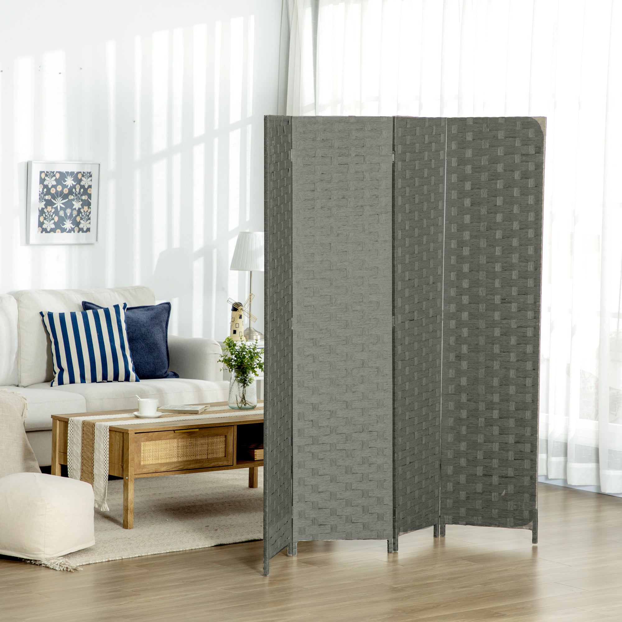 Indoor Wooden 4-Panel Room Divider Separator Screen, dimensions 159.5L x 169.5H x 1.6D cm