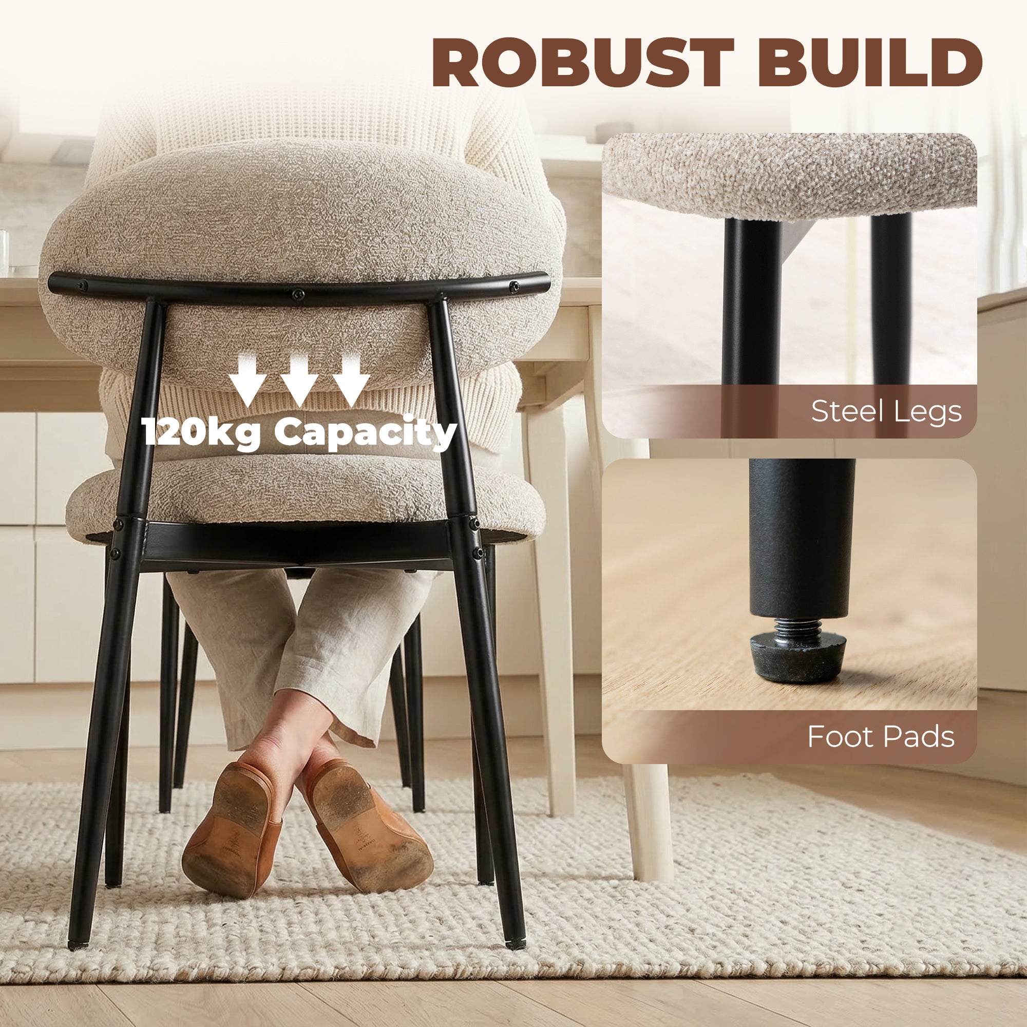 Modern 2-Pack Padded Dining Chairs, Linen-Look Upholstery, Curved Back, Wide Seat, Steel Legs, Beige