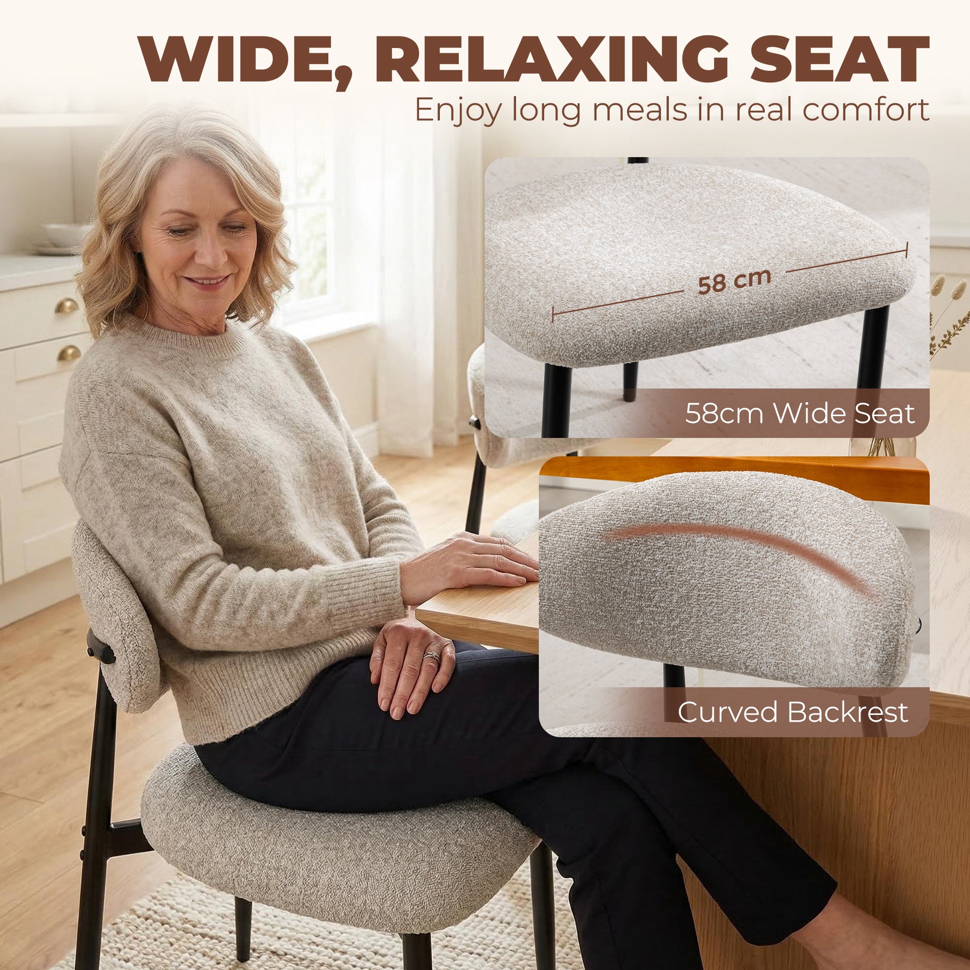 Modern 2-Pack Padded Dining Chairs, Linen-Look Upholstery, Curved Back, Wide Seat, Steel Legs, Beige