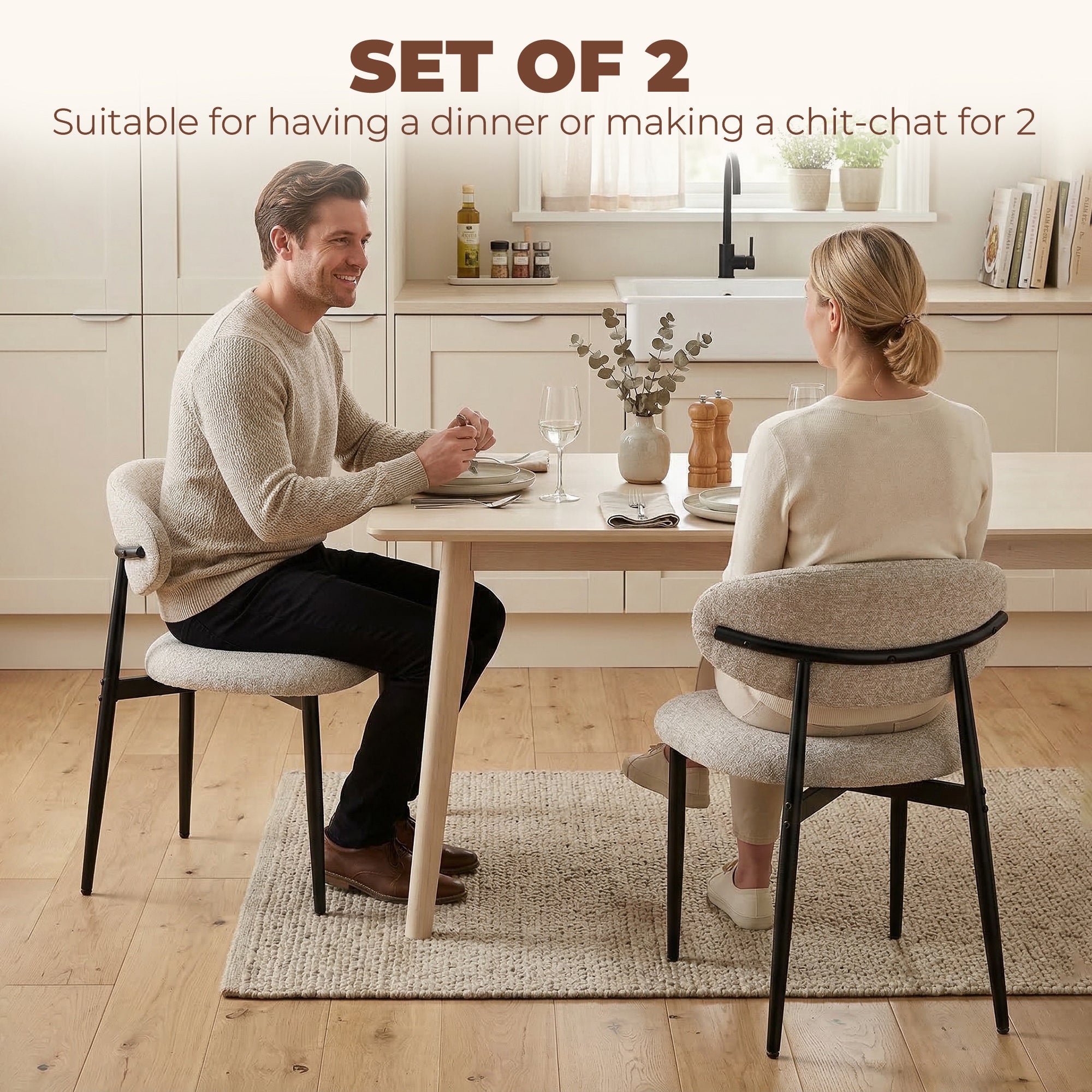 Modern 2-Pack Padded Dining Chairs, Linen-Look Upholstery, Curved Back, Wide Seat, Steel Legs, Beige