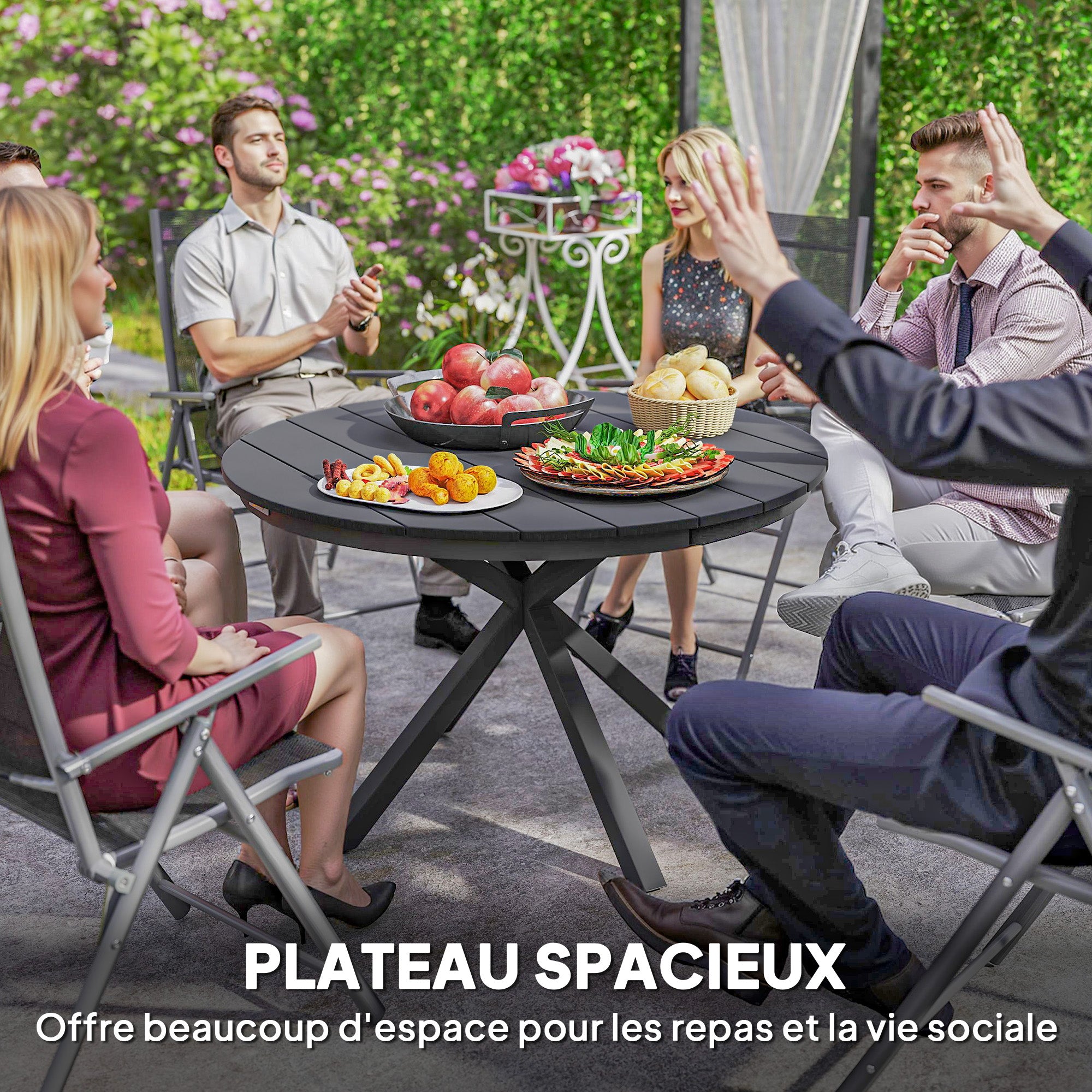 Garden Dining Table, Round Garden Table Ø 118 cm with Aluminum Frame, Wood-Effect Tabletop, and Adjustable Foot Pads, for Balcony, Porch, Patio, Black