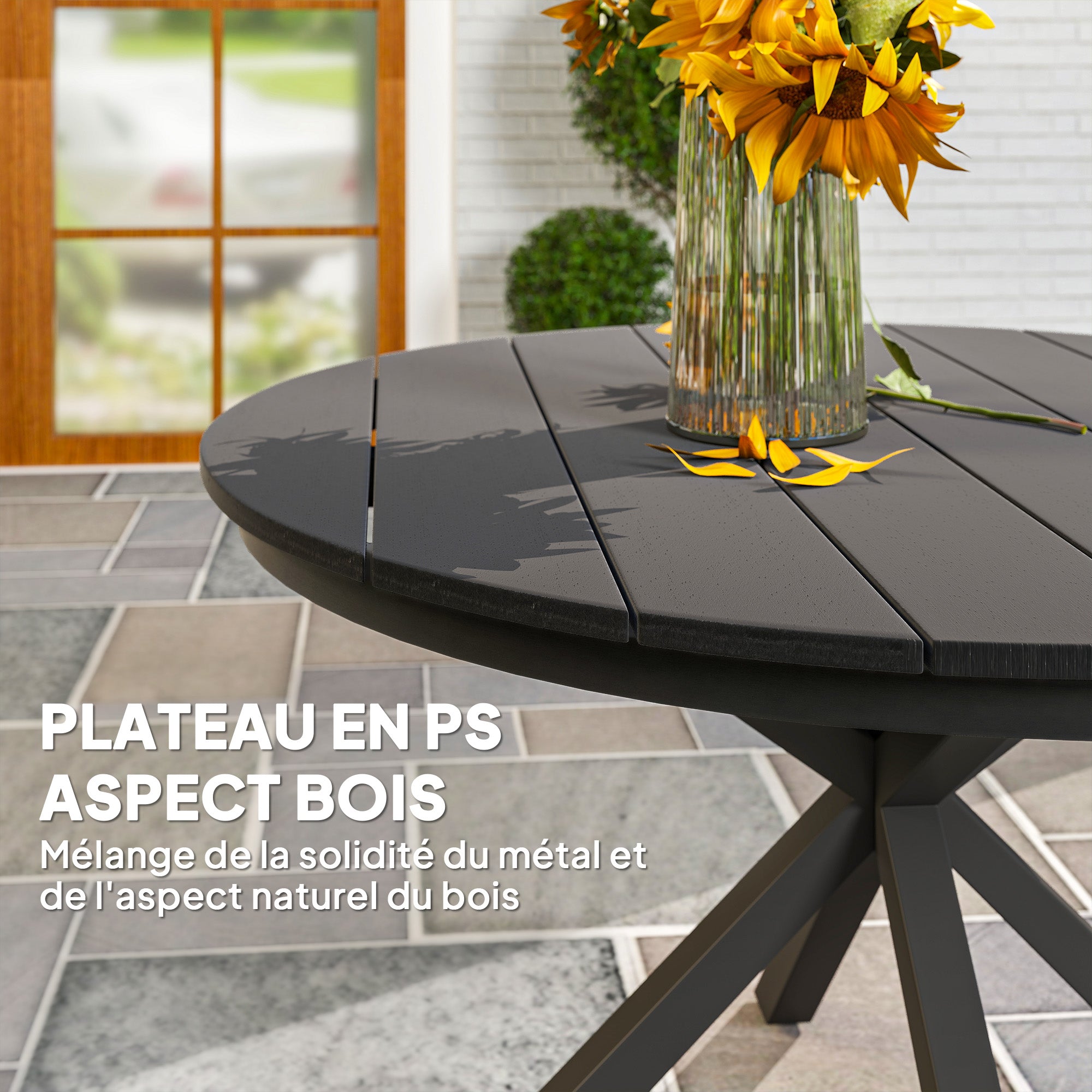 Garden Dining Table, Round Garden Table Ø 118 cm with Aluminum Frame, Wood-Effect Tabletop, and Adjustable Foot Pads, for Balcony, Porch, Patio, Black