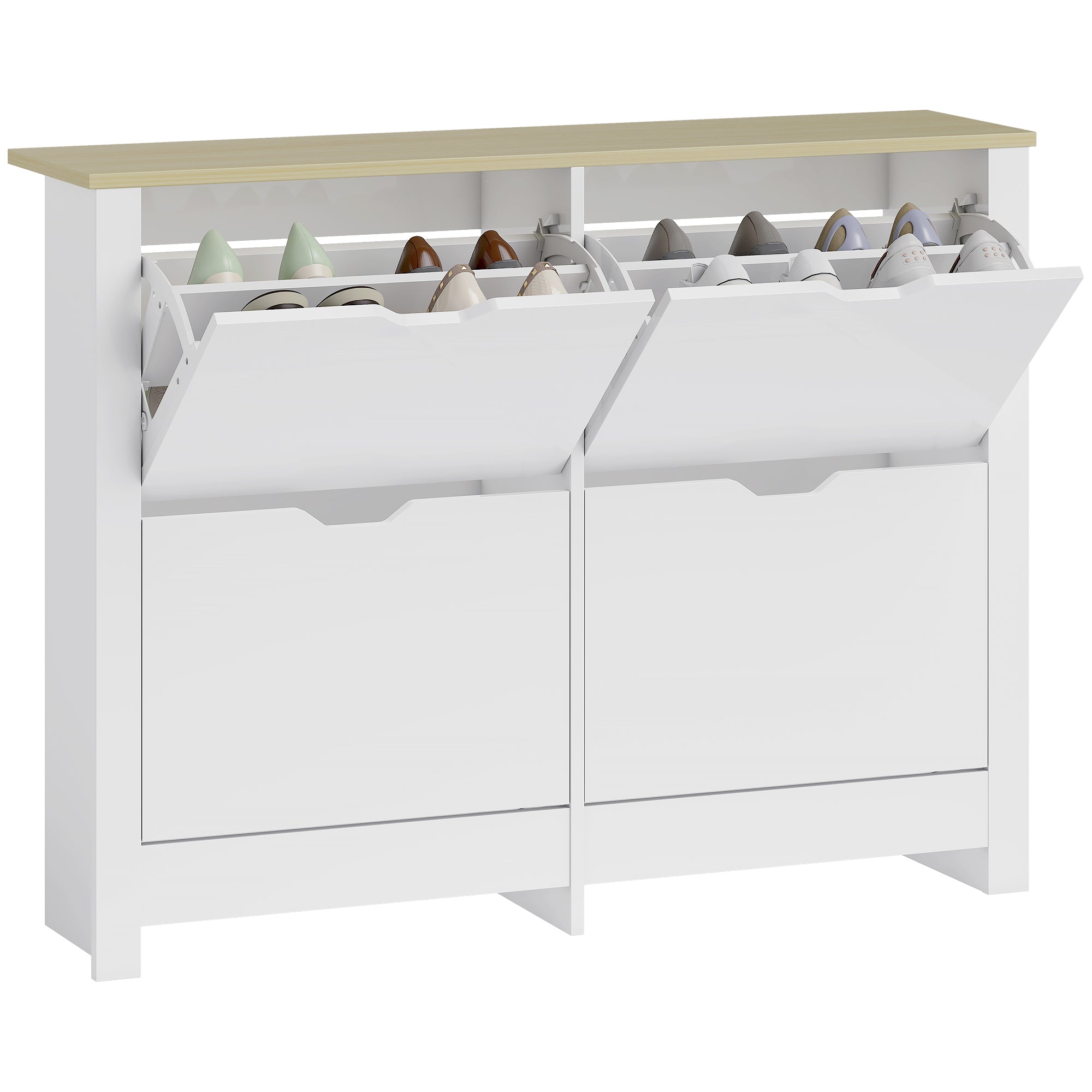 Slim Shoe Cabinet with 4 Flip Doors – Space-Saving Shoe Rack for Up to 16 Pairs, 105 x 26 x 80 cm (White/Natural)