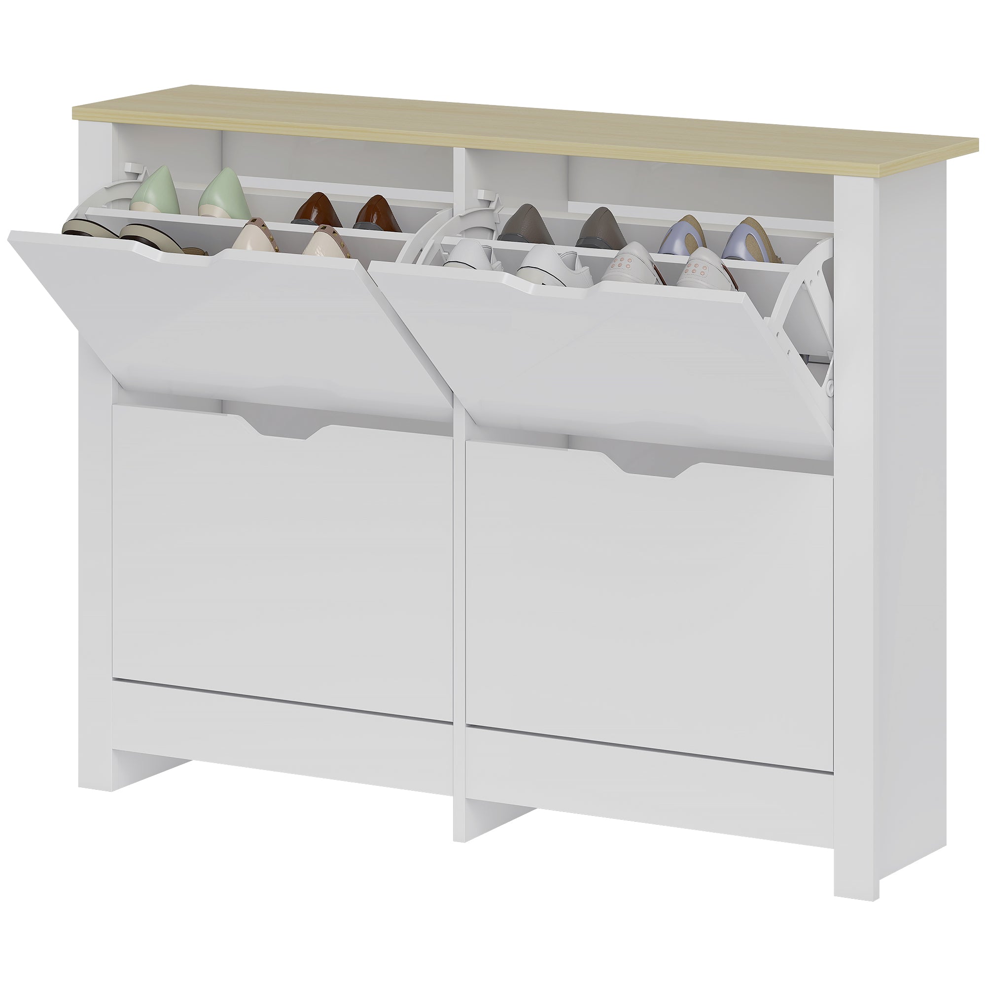 Slim Shoe Cabinet with 4 Flip Doors – Space-Saving Shoe Rack for Up to 16 Pairs, 105 x 26 x 80 cm (White/Natural)
