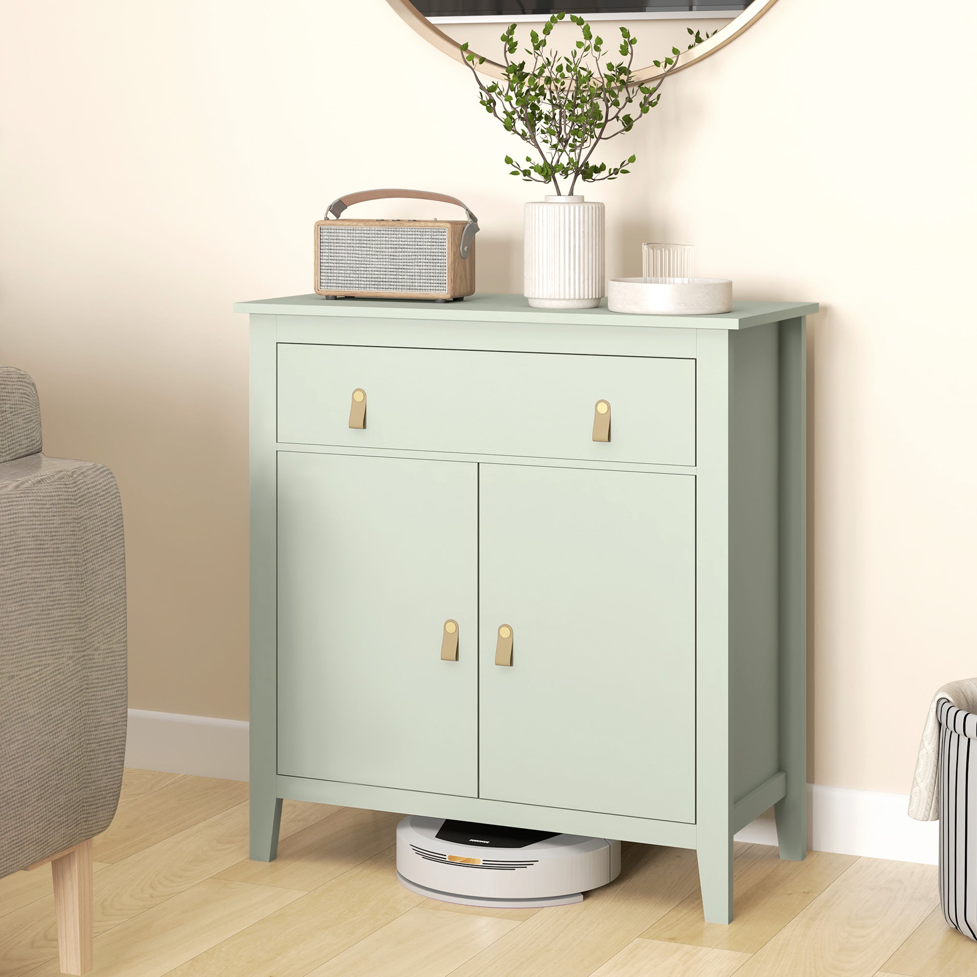 Sideboard Cabinet with Drawer and Double Door, Adjustable Shelf, PU Handles, Modern Style Buffet for Dining Room & Kitchen, 31.5 x 15.7 x 35.4 in, Light Green