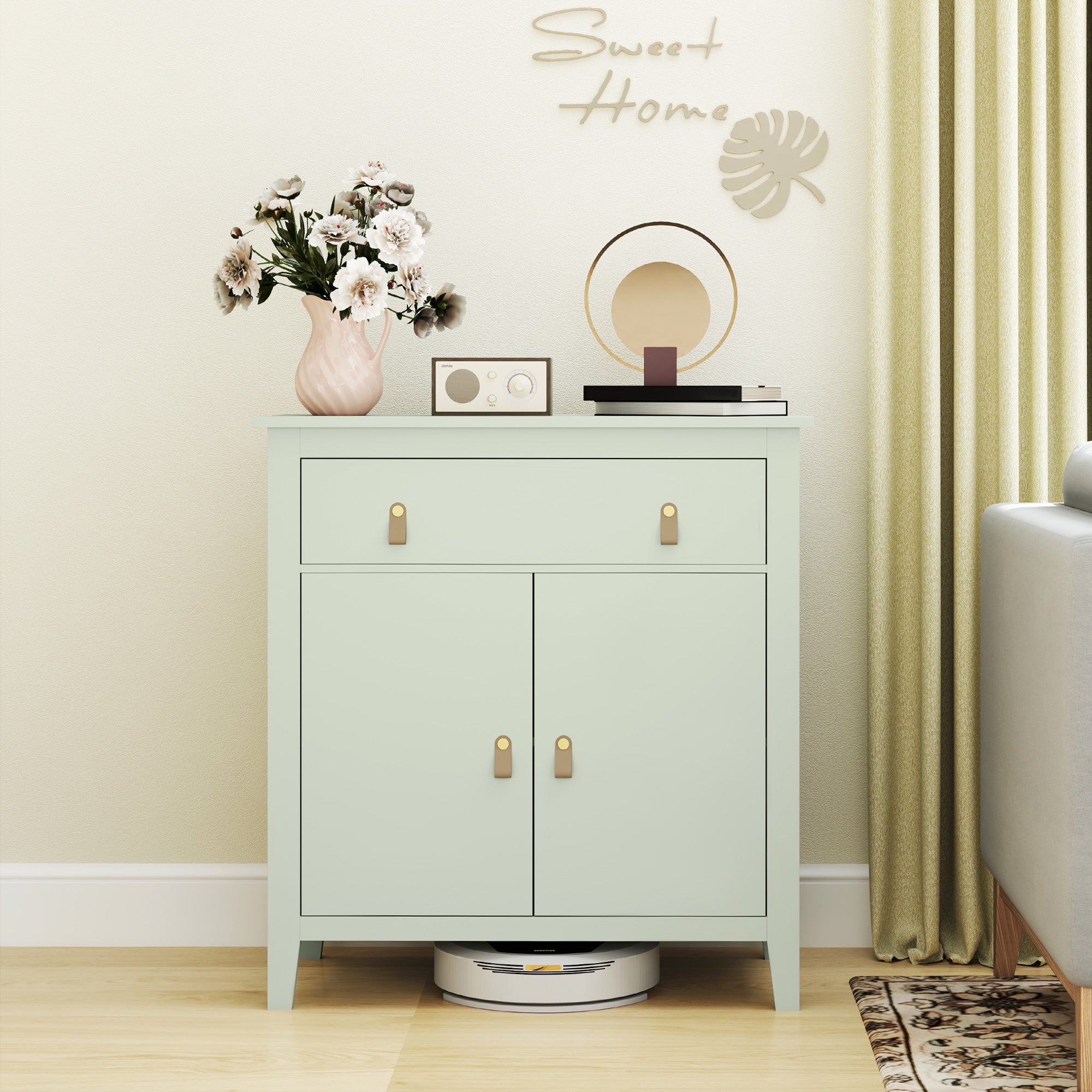 Sideboard Cabinet with Drawer and Double Door, Adjustable Shelf, PU Handles, Modern Style Buffet for Dining Room & Kitchen, 31.5 x 15.7 x 35.4 in, Light Green
