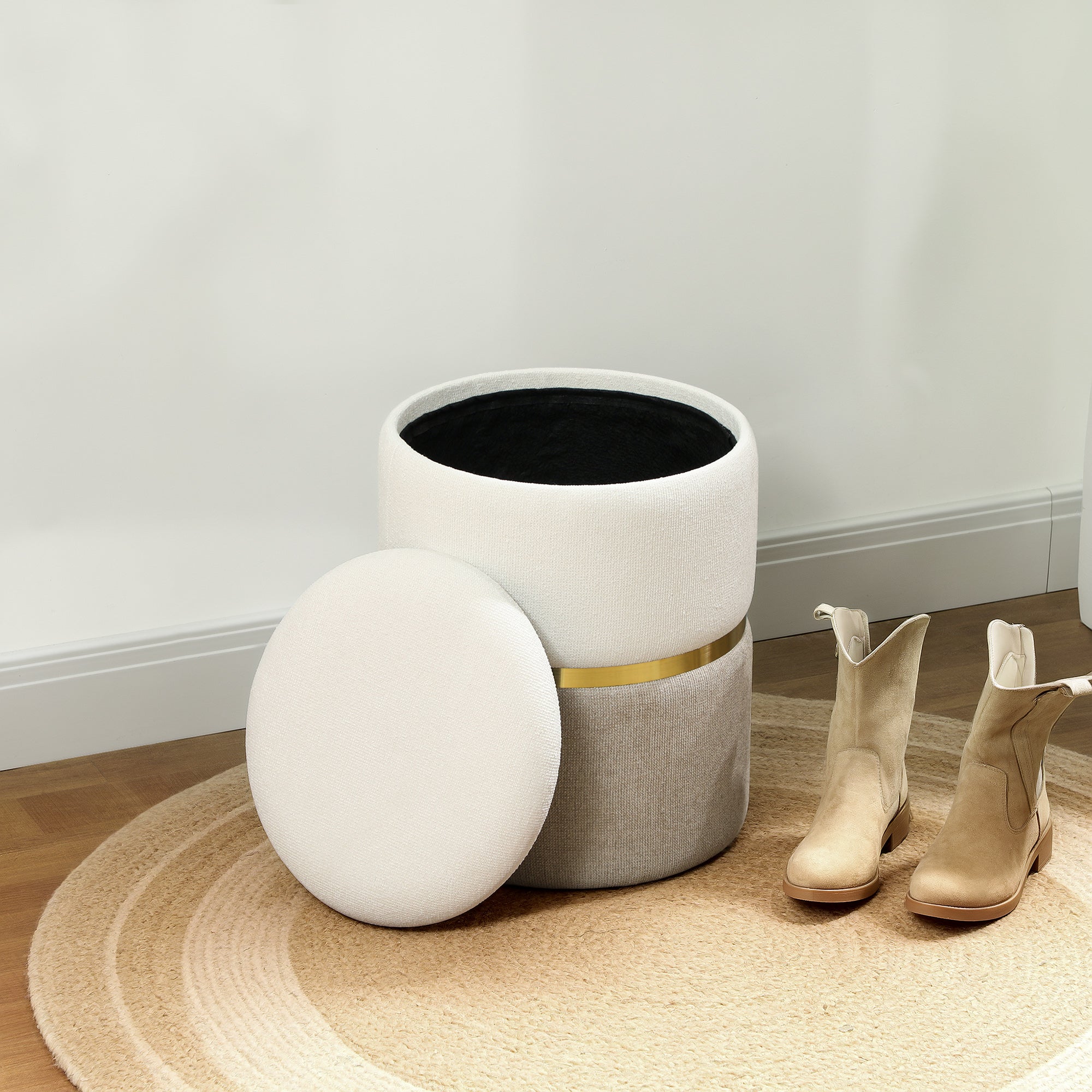 Storage Footstool Footstool with Lid, Metal Ring, Two-Tone Design Round Footstool Upholstered Stool, Chenille 36 x 36 x 44 cm Cream White