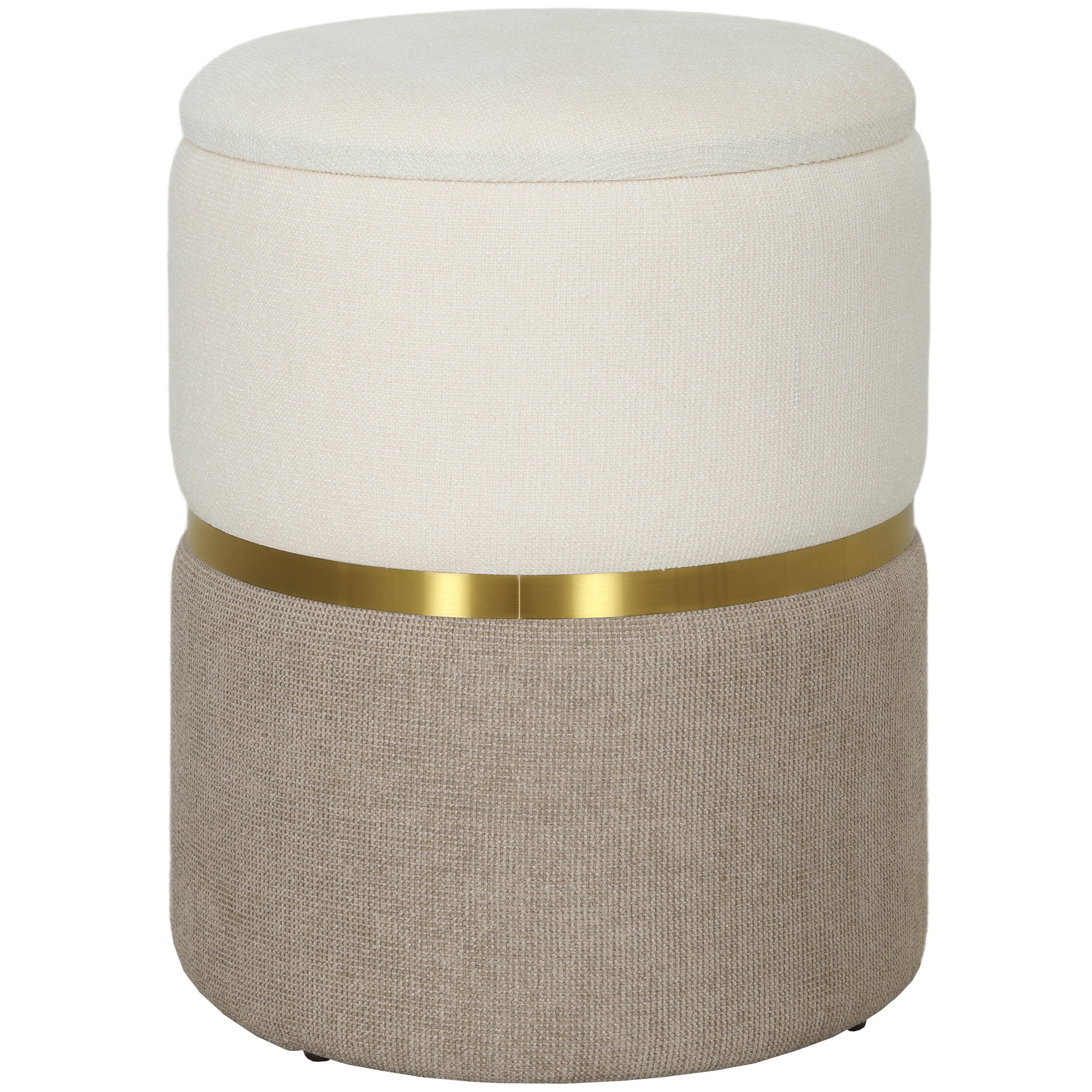Storage Footstool Footstool with Lid, Metal Ring, Two-Tone Design Round Footstool Upholstered Stool, Chenille 36 x 36 x 44 cm Cream White