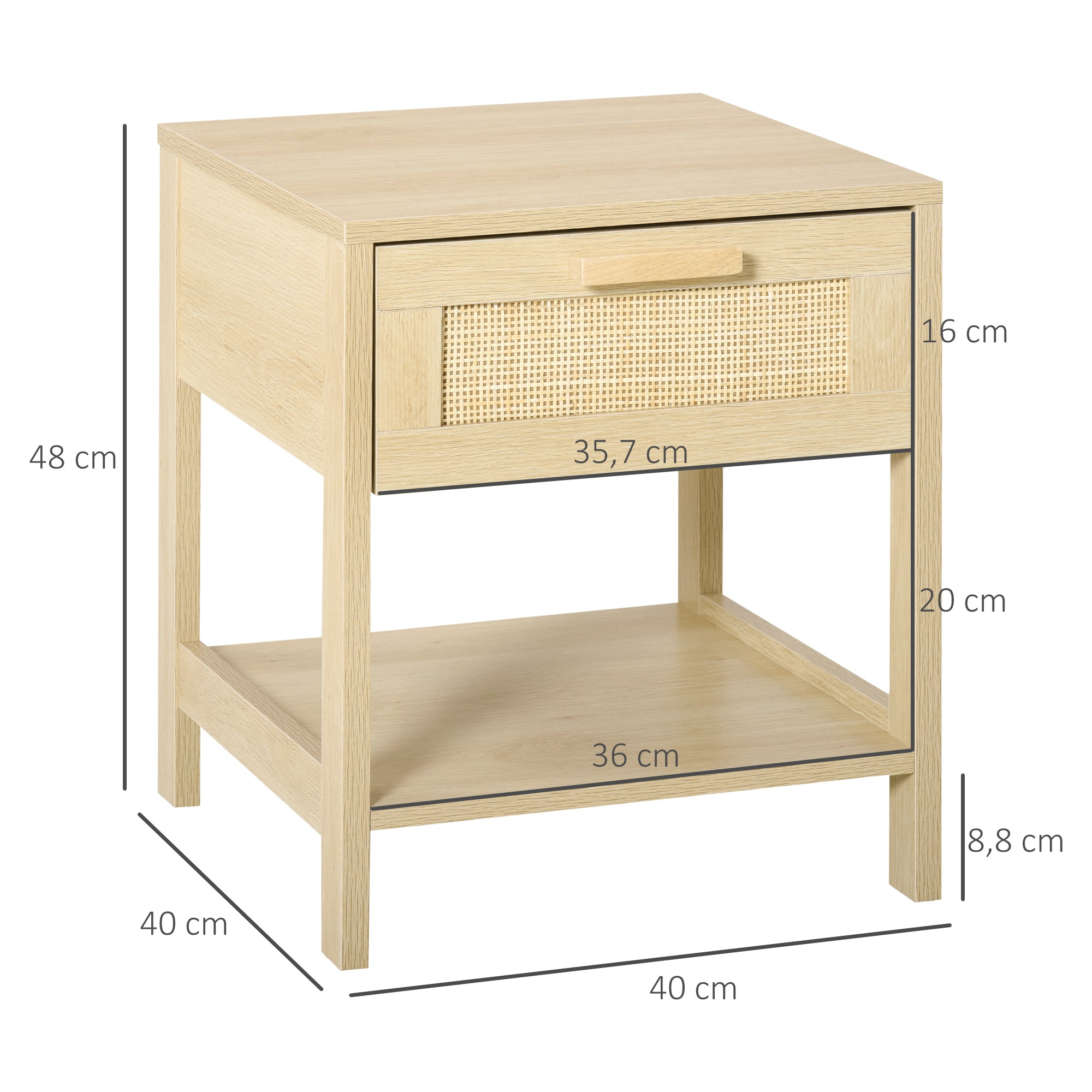 Bedside Table Nightstand with Rattan Drawer and Lower Shelf Load 88 lbs for Bedroom Living Room 15.7x15.7x18.9 inches Natural Wood