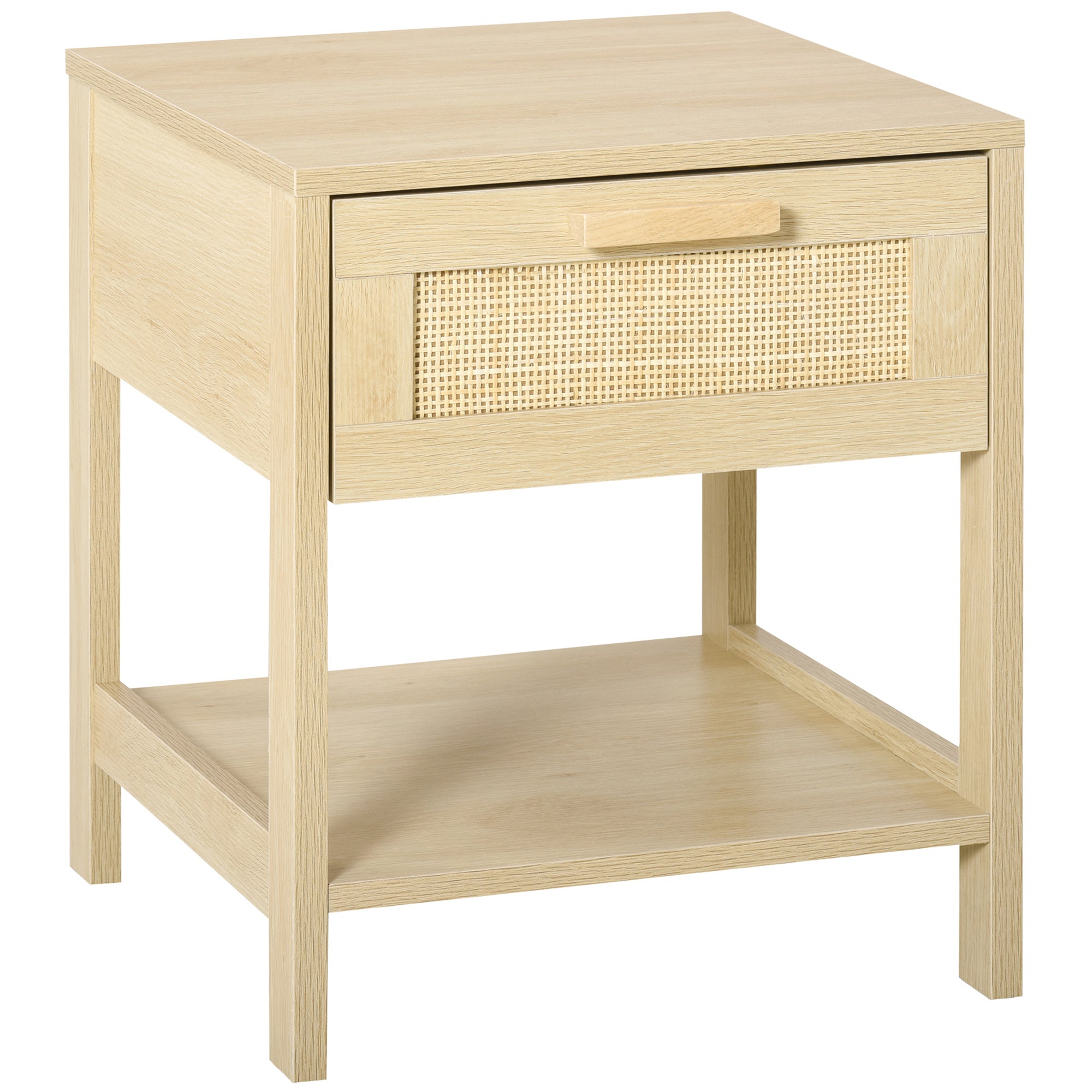 Bedside Table Nightstand with Rattan Drawer and Lower Shelf Load 88 lbs for Bedroom Living Room 15.7x15.7x18.9 inches Natural Wood