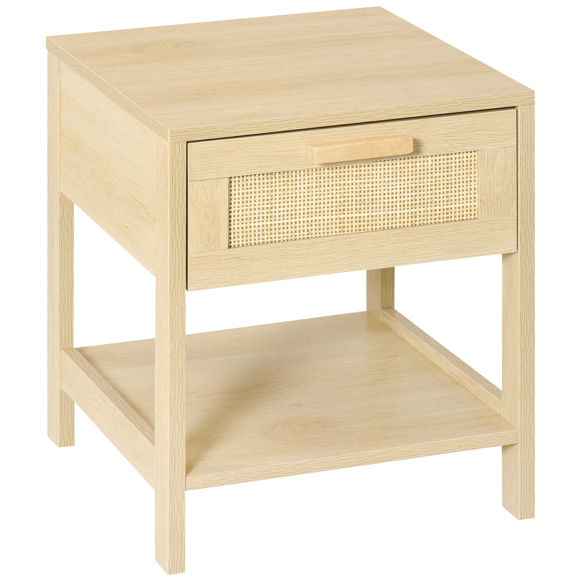 Bedside Table Nightstand with Rattan Drawer and Lower Shelf Load 88 lbs for Bedroom Living Room 15.7x15.7x18.9 inches Natural Wood