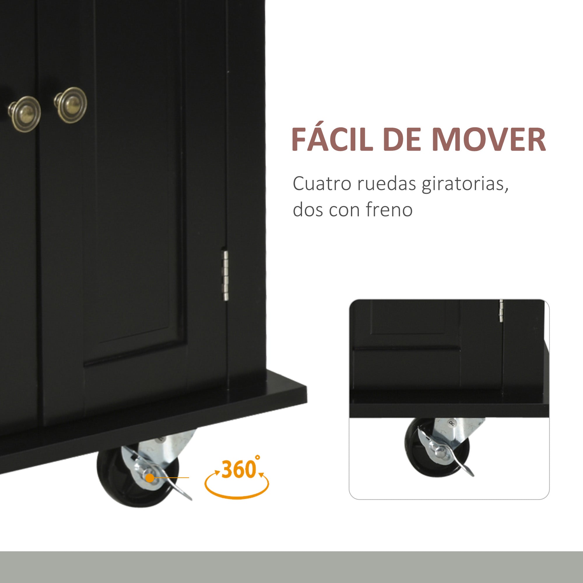 Isla de Cocina con Ruedas Carro de Cocina con 2 Cajones 4 Puertas Especiero Encimera de Madera Estante Ajustable y Barra Lateral para Comedor 111x44,5x82,5 cm Negro