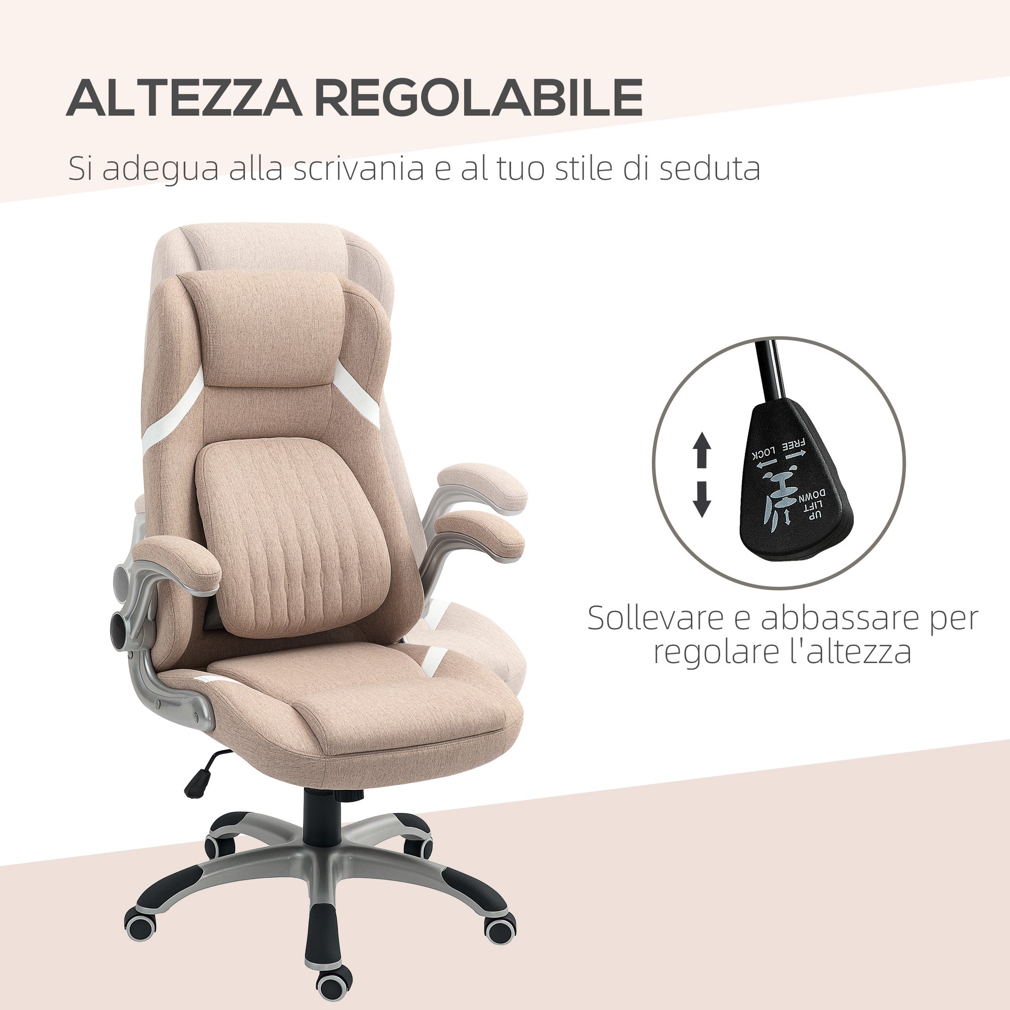 Ergonomic Office Chair with Flip-up Arms and Headrest, Swivel Desk Chair with Lumbar Support, Adjustable Height and Rocking Function in Fabric for Study, Light Brown