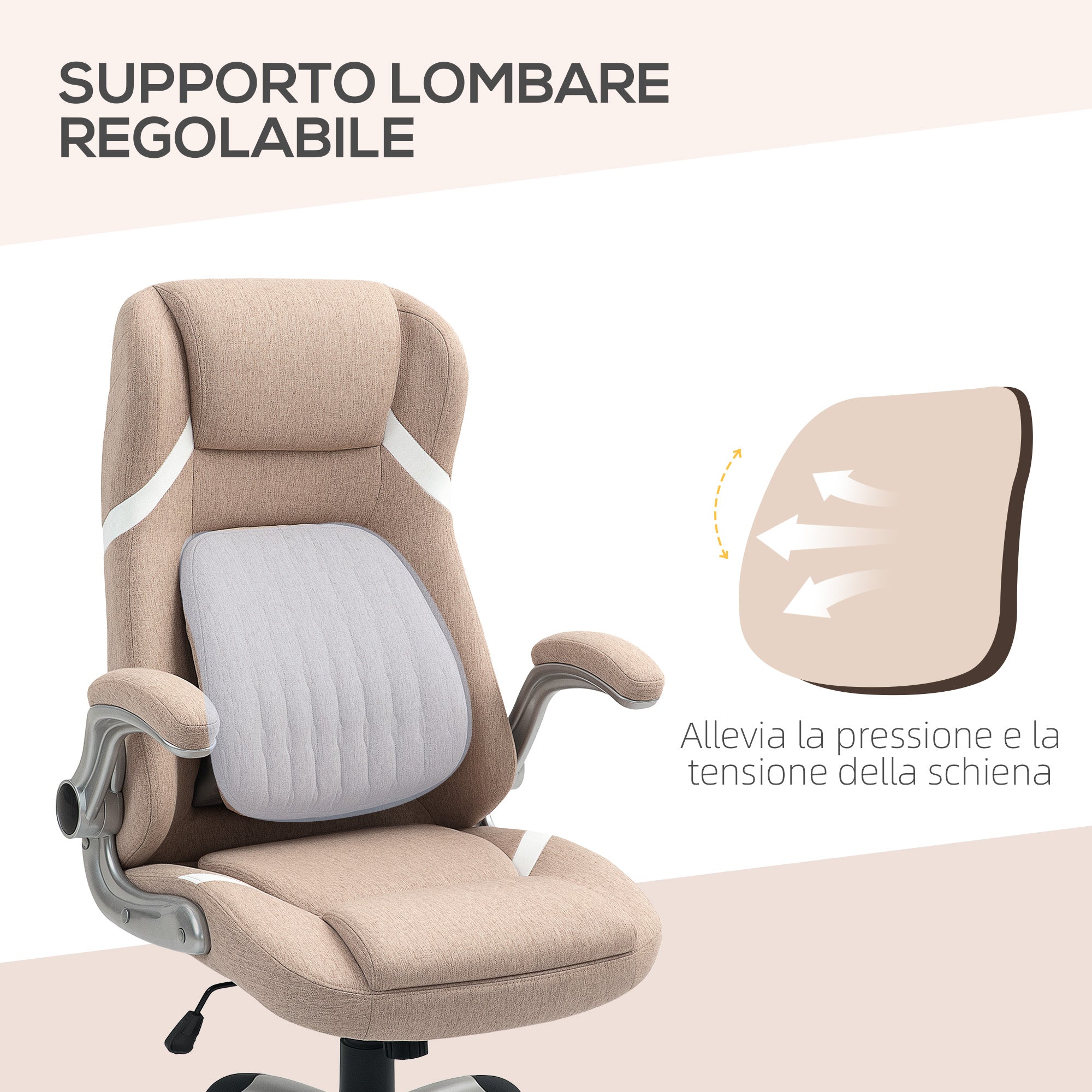 Ergonomic Office Chair with Flip-up Arms and Headrest, Swivel Desk Chair with Lumbar Support, Adjustable Height and Rocking Function in Fabric for Study, Light Brown