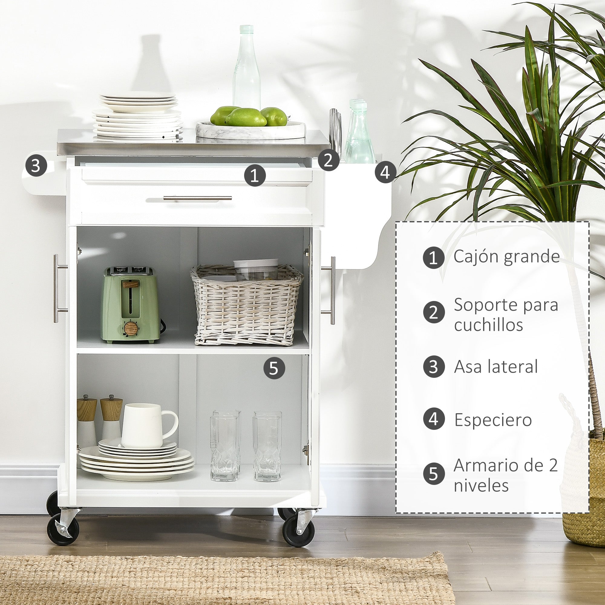 Kitchen Island Modern Kitchen Sideboard with 4 Wheels 1 Drawer 1 Towel Rack 1 Spice Rack and Adjustable Shelf 83.5x45.7x90.5 cm White