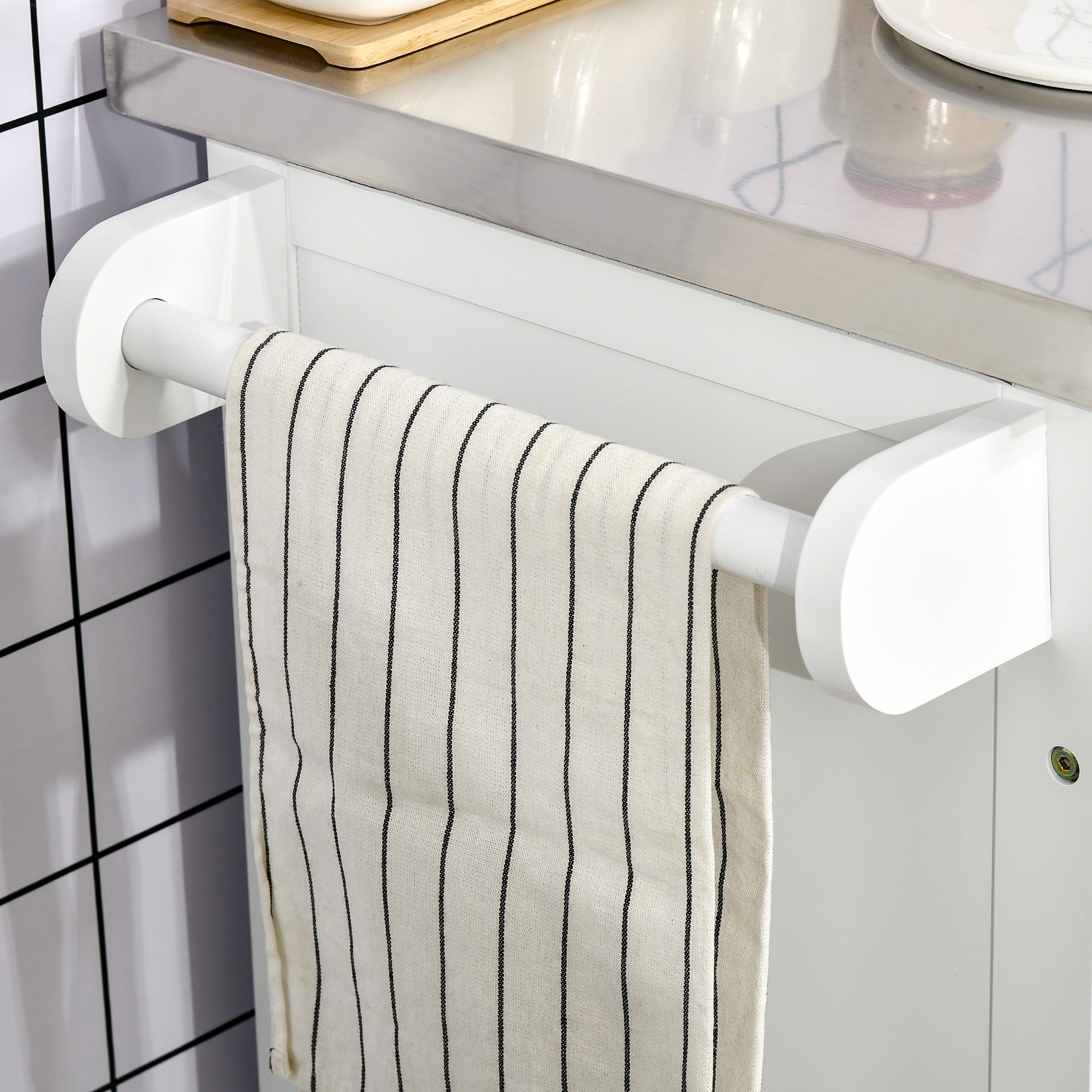 Kitchen Island Modern Kitchen Sideboard with 4 Wheels 1 Drawer 1 Towel Rack 1 Spice Rack and Adjustable Shelf 83.5x45.7x90.5 cm White