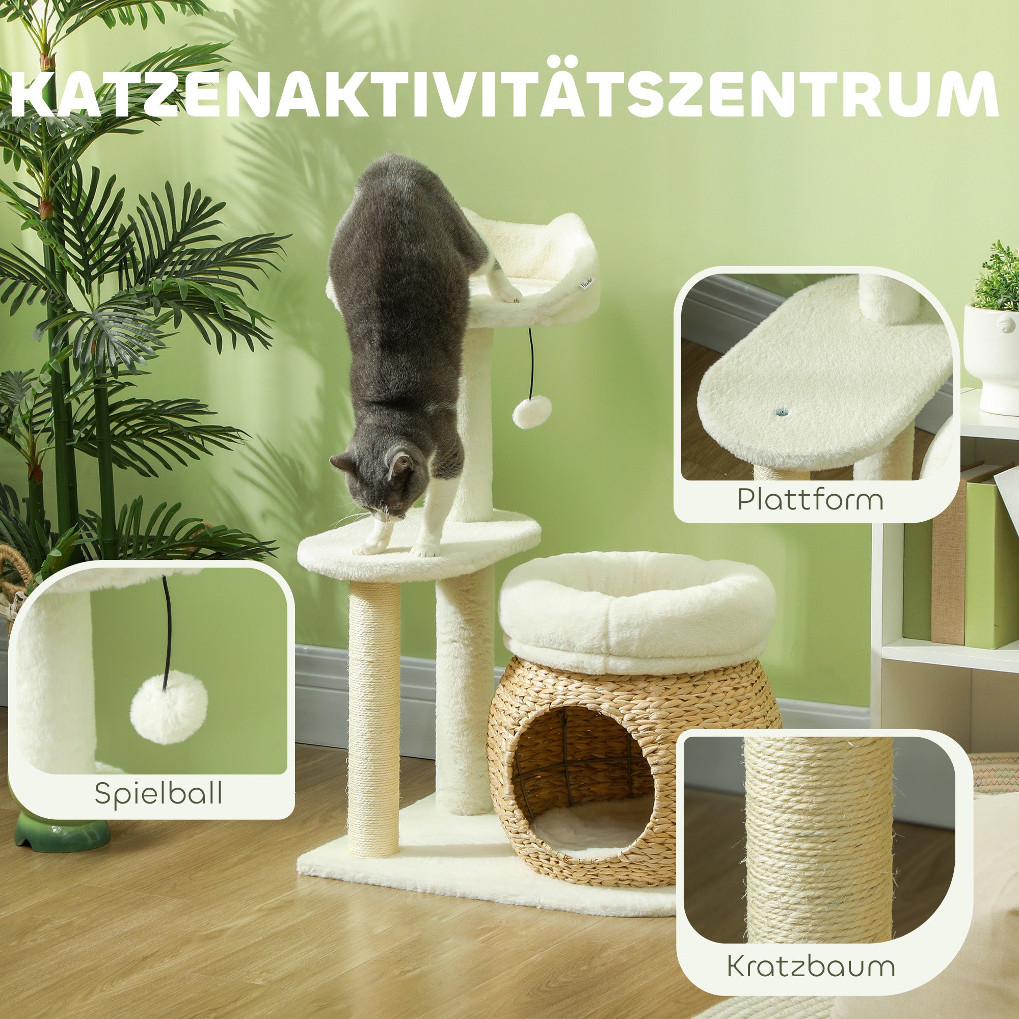 Scratching Post 79 cm Cat Tree with Cat Cave, Bed, Play Balls, Cat Scratching Post with Sisal Scratching Posts, for Cats up to 5 kg, Cream White