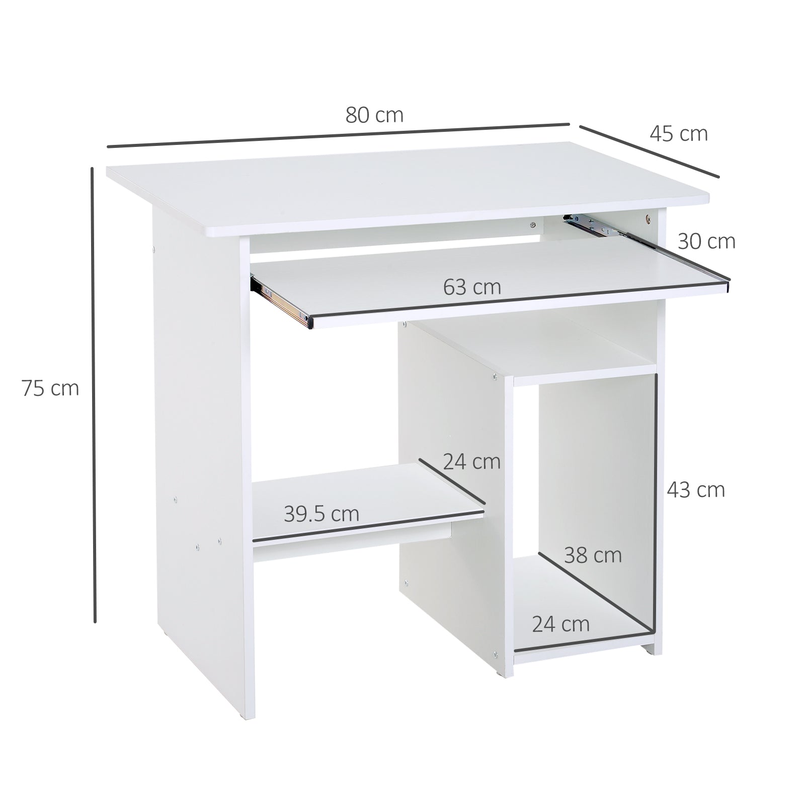 Space Saving Desk for Home and Office, Modern Computer Desk, CPU Holder, Wooden Keyboard Shelf, 80x45x75cm, White