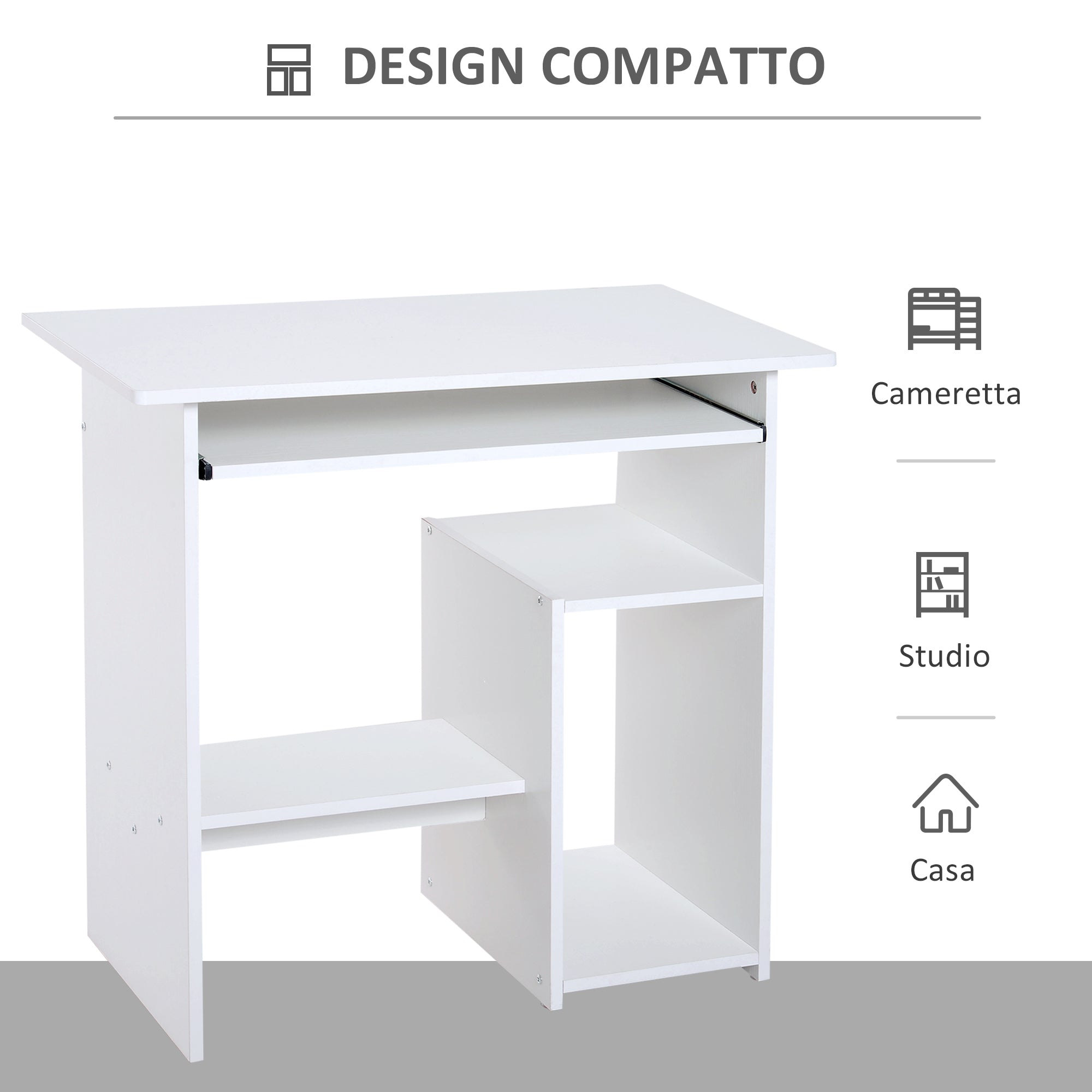 Space Saving Desk for Home and Office, Modern Computer Desk, CPU Holder, Wooden Keyboard Shelf, 80x45x75cm, White