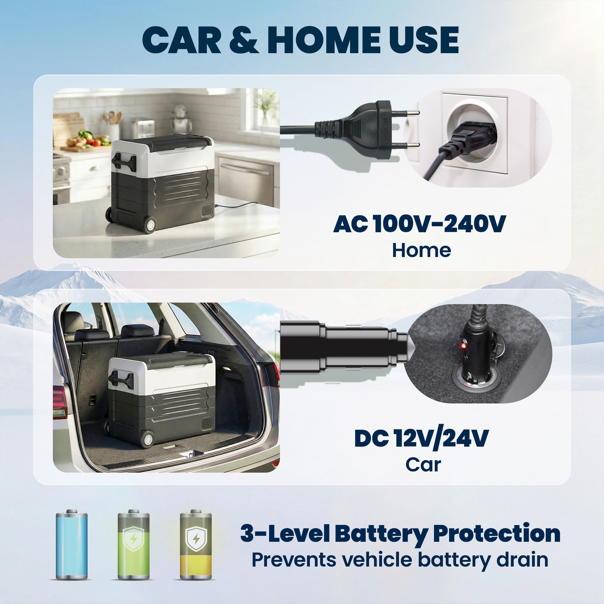 50L Dual-Zone Compressor Fridge (-4°F to 68°F) Portable Electric Car Cooler with App, LED, Battery Protection, Folding Handle — 12/24V DC & 110–230V AC