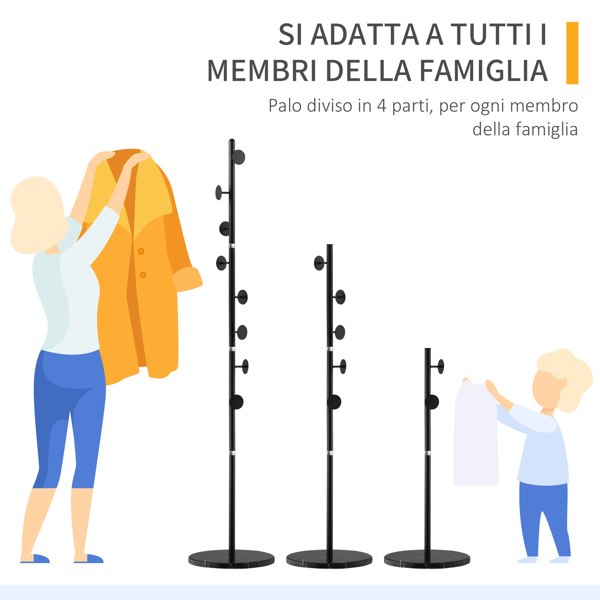 Coat Rack Stand with 8 Hooks and Round Base, Freestanding Coat Rack in Steel and Marble, 35x35x170 cm, Black