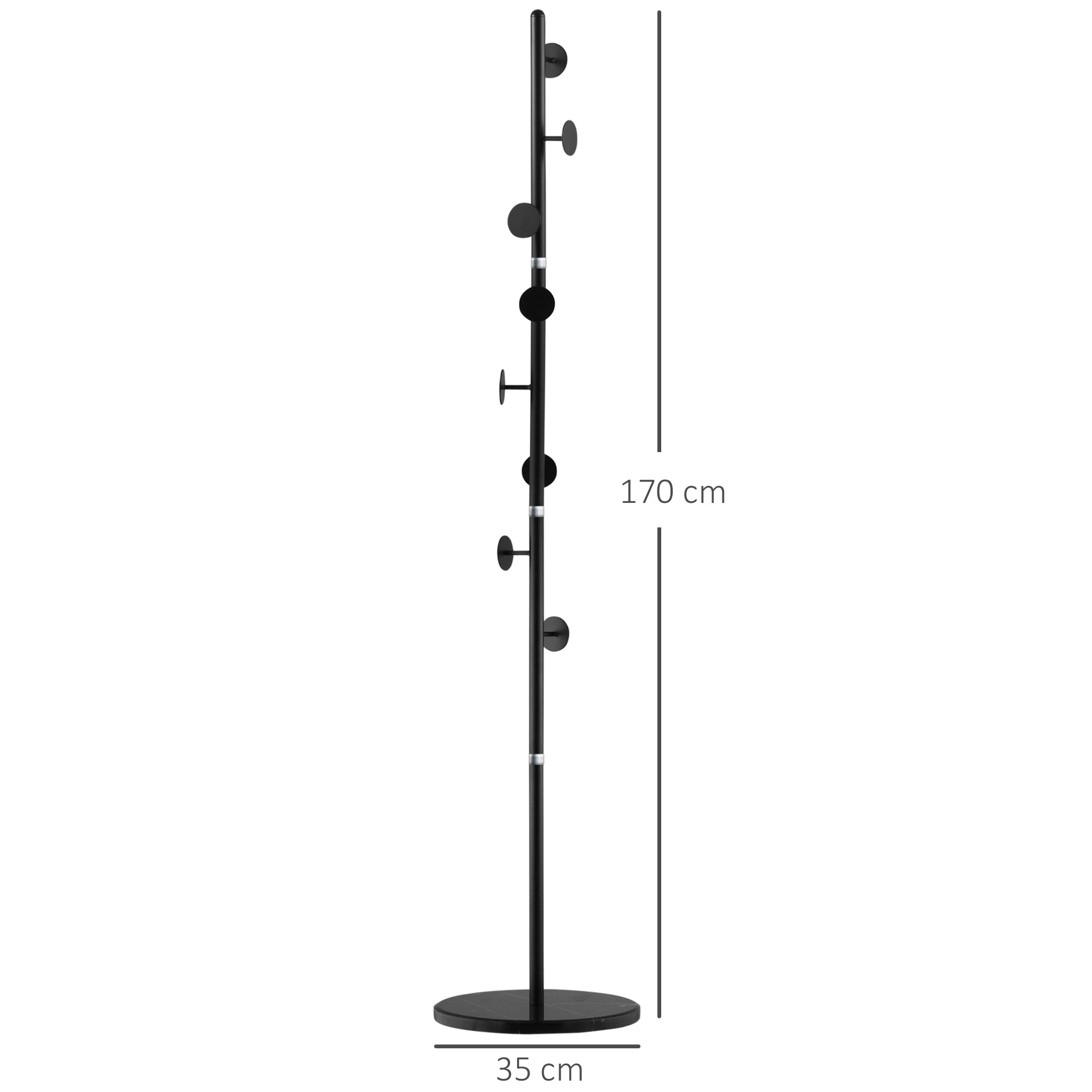 Coat Rack Stand with 8 Hooks and Round Base, Freestanding Coat Rack in Steel and Marble, 35x35x170 cm, Black