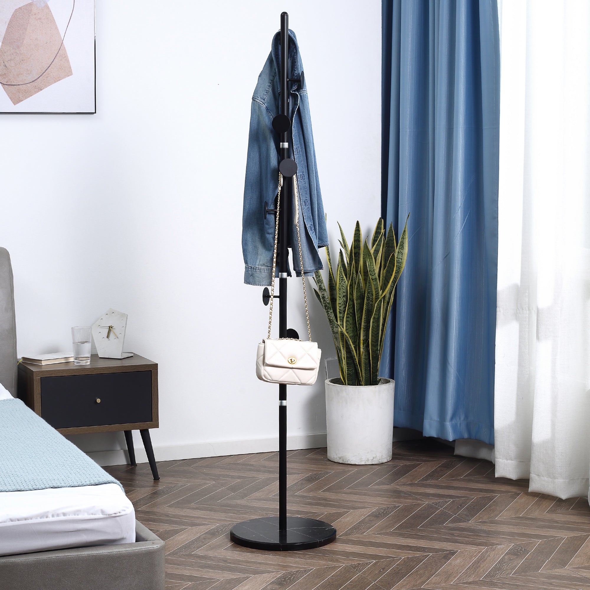 Coat Rack Stand with 8 Hooks and Round Base, Freestanding Coat Rack in Steel and Marble, 35x35x170 cm, Black