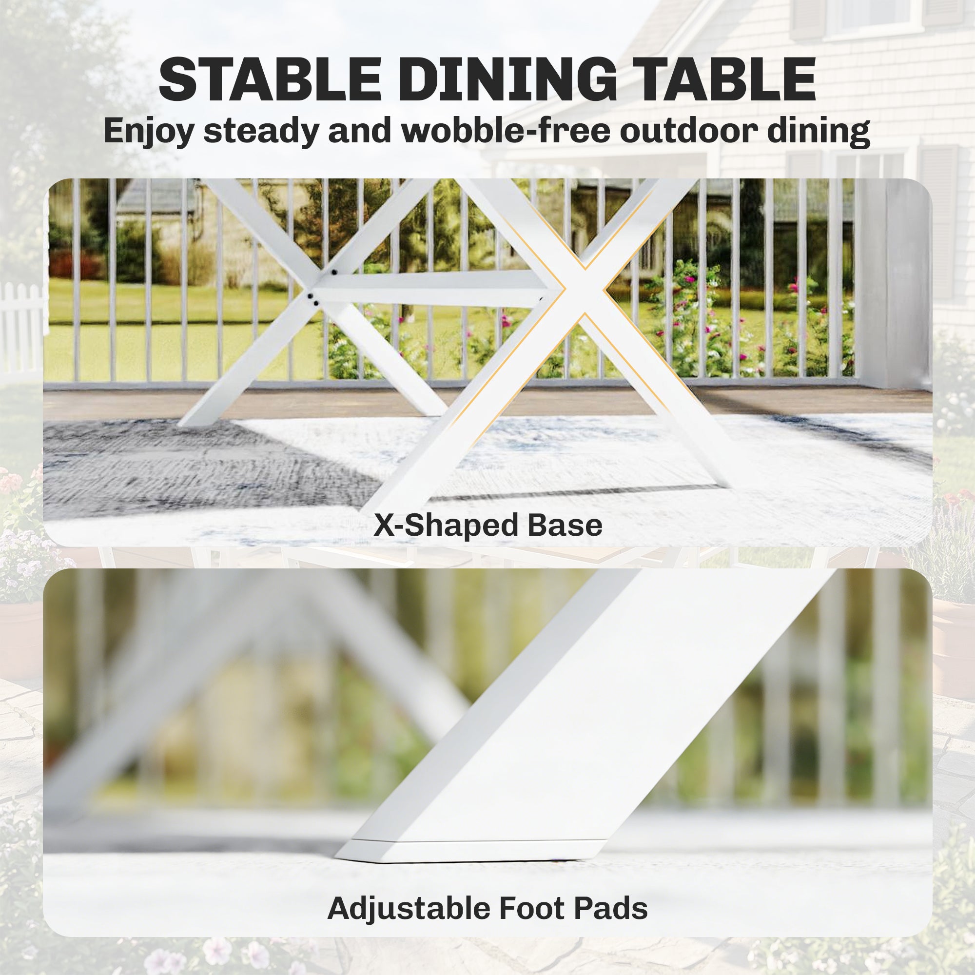 7-Piece Outdoor Dining Set — Rectangular Table with 6 Stackable Chairs, Teak-Effect Synthetic Wood Slats, Aluminum Frame, Space-Saving, Weather-Resistant