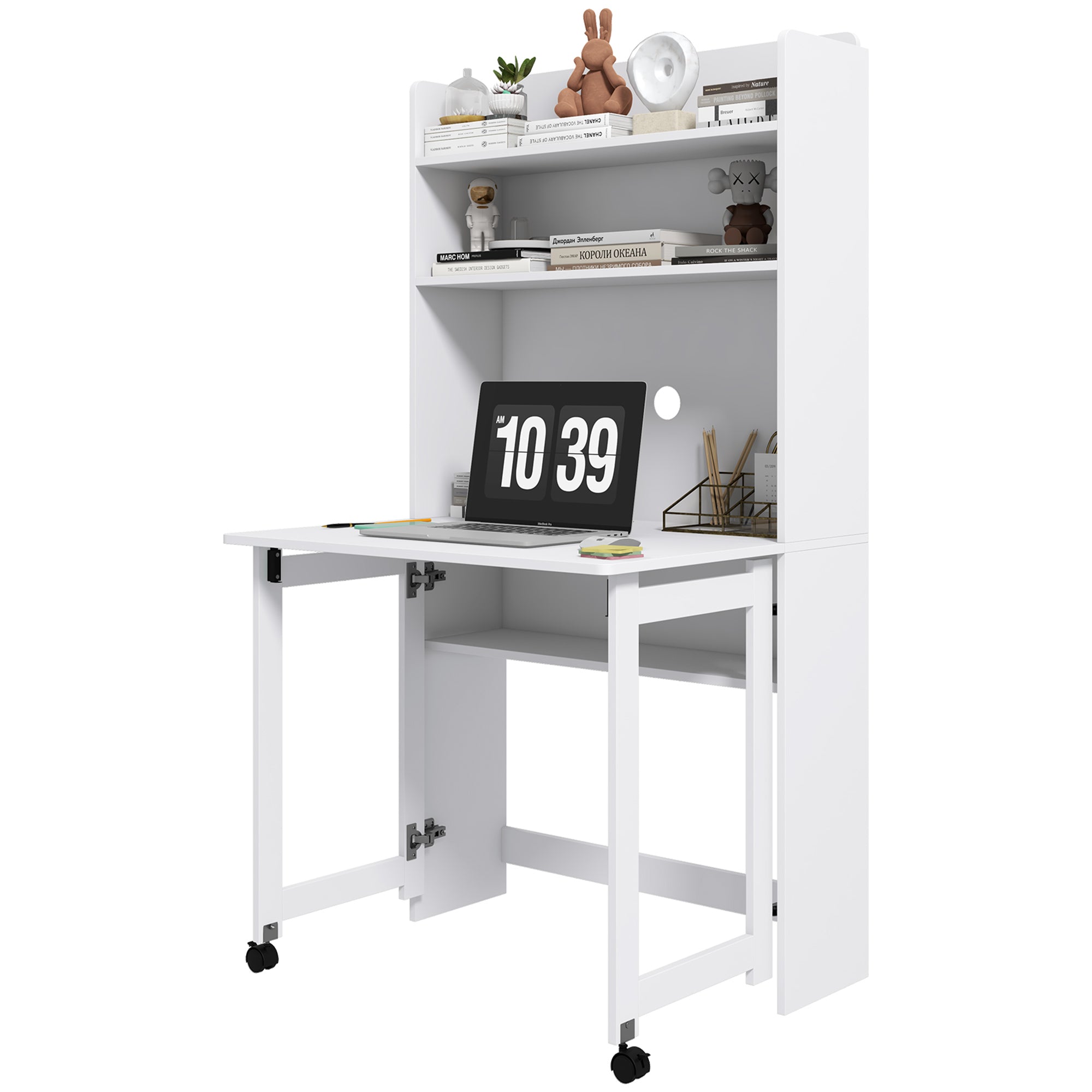 Computer Desk with Storage Shelves Folding Workstation with Drop Leaf and 2 Wheels for Bedroom Living Room and Home 80 x 69 x 153 cm White