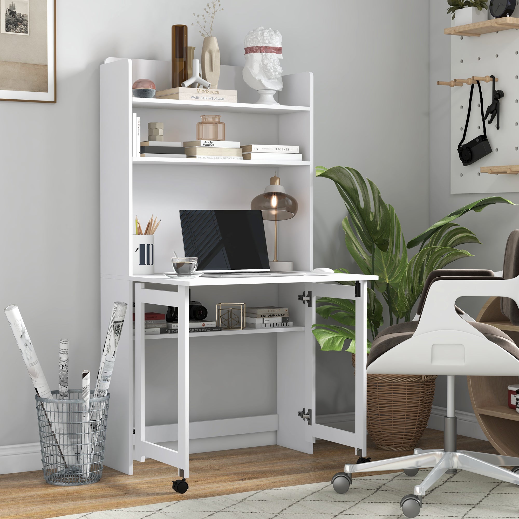 Computer Desk with Storage Shelves Folding Workstation with Drop Leaf and 2 Wheels for Bedroom Living Room and Home 80 x 69 x 153 cm White