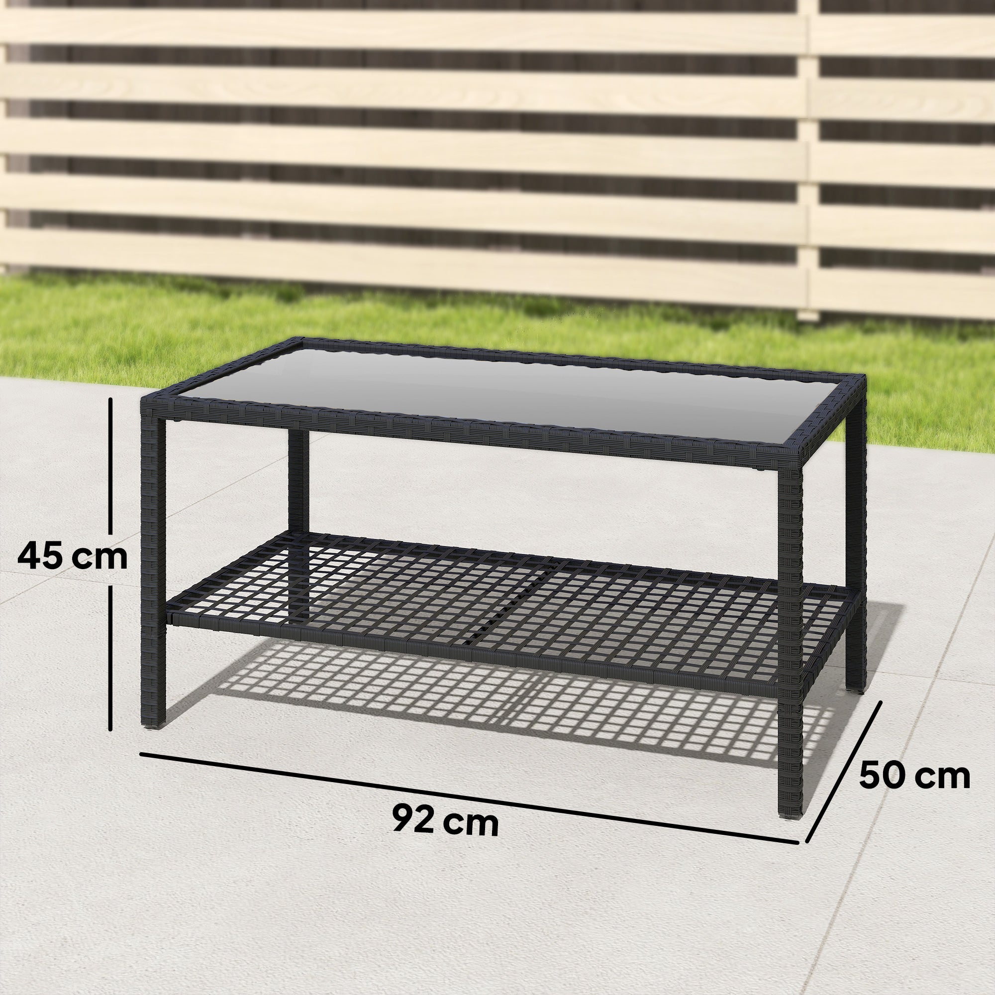 Rattan Garden Side Table with Shelf, Tempered Glass Top & Steel Frame — 92 x 50 x 45 cm (36.2 x 19.7 x 17.7 in), Black