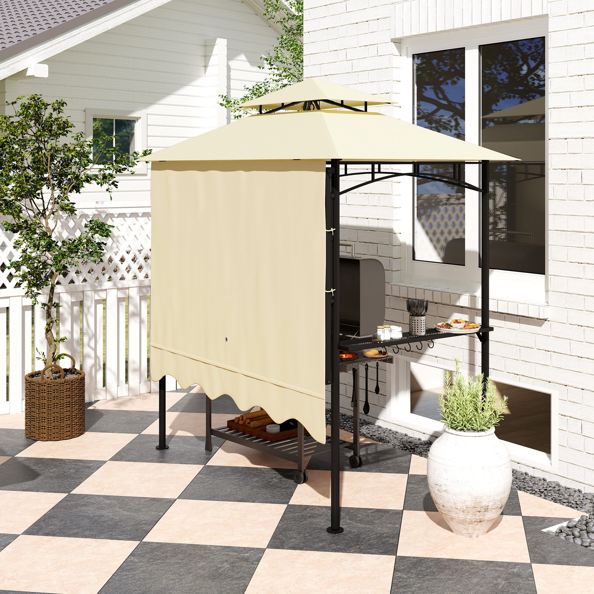 BBQ Gazebo Canopy — 7 ft 11 in x 4 ft 11 in x 8 ft 2 in, Fire-Resistant PA Roof, Double-Layer Top, Side Shelves, UV30+, Beige