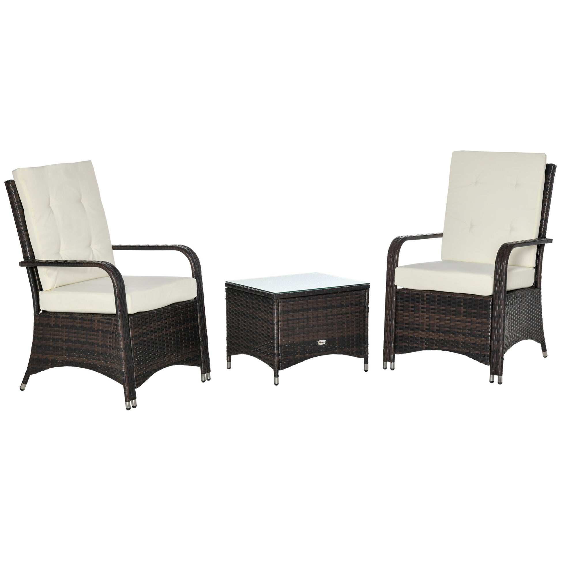 3-Piece PE Rattan Garden Furniture Set, Outdoor Lounge with Coffee Table and 2 Chairs with Removable Cushions, Brown and Cream