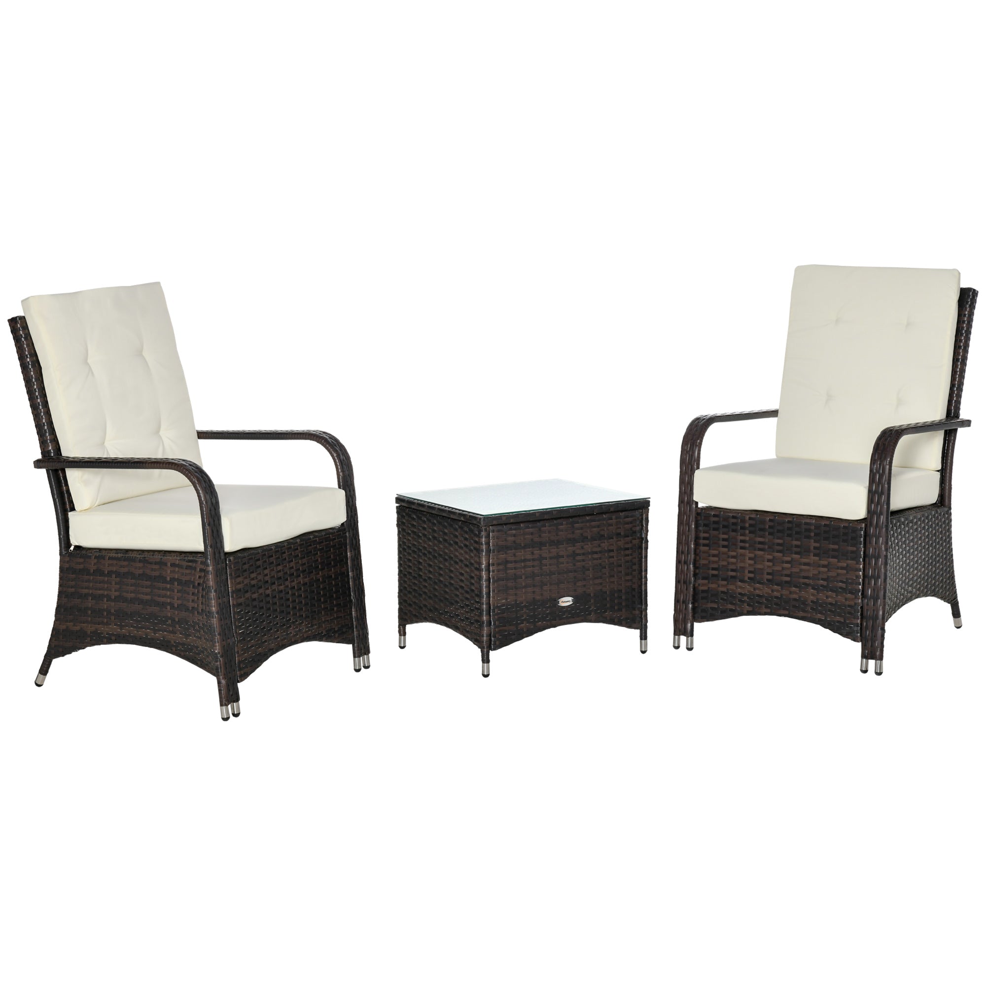 3-Piece PE Rattan Garden Furniture Set, Outdoor Lounge with Coffee Table and 2 Chairs with Removable Cushions, Brown and Cream