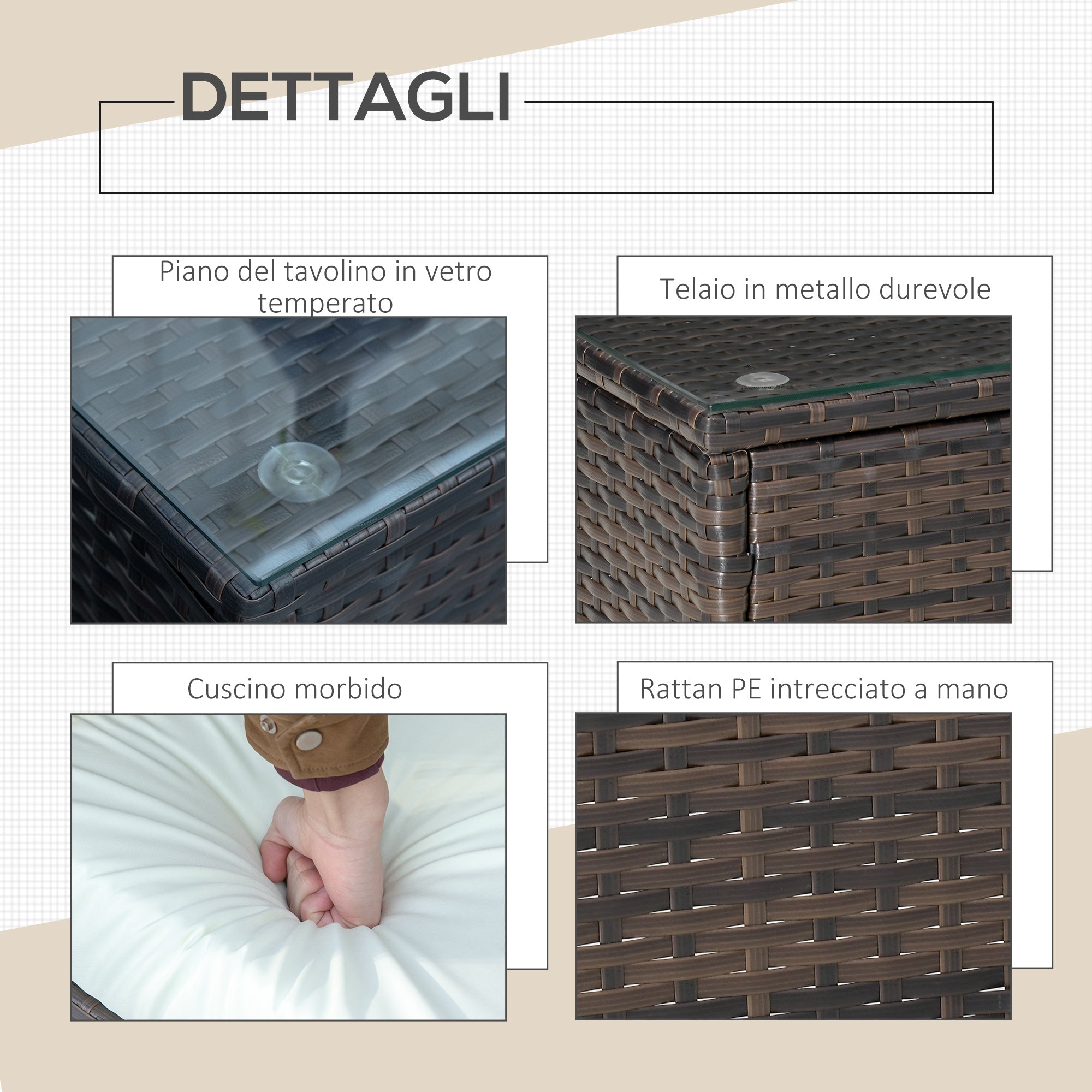 3-Piece PE Rattan Garden Furniture Set, Outdoor Lounge with Coffee Table and 2 Chairs with Removable Cushions, Brown and Cream