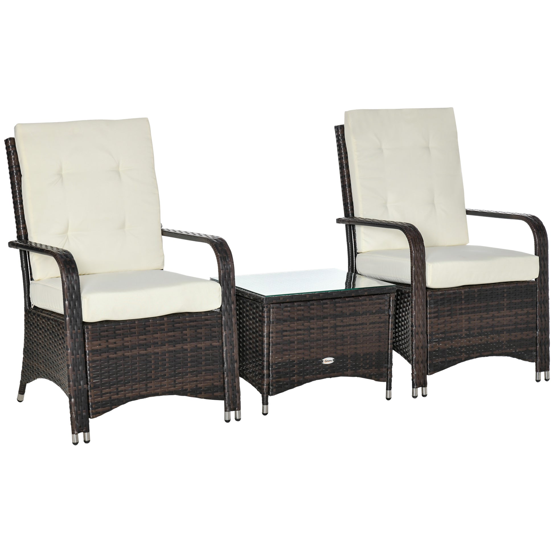 3-Piece PE Rattan Garden Furniture Set, Outdoor Lounge with Coffee Table and 2 Chairs with Removable Cushions, Brown and Cream