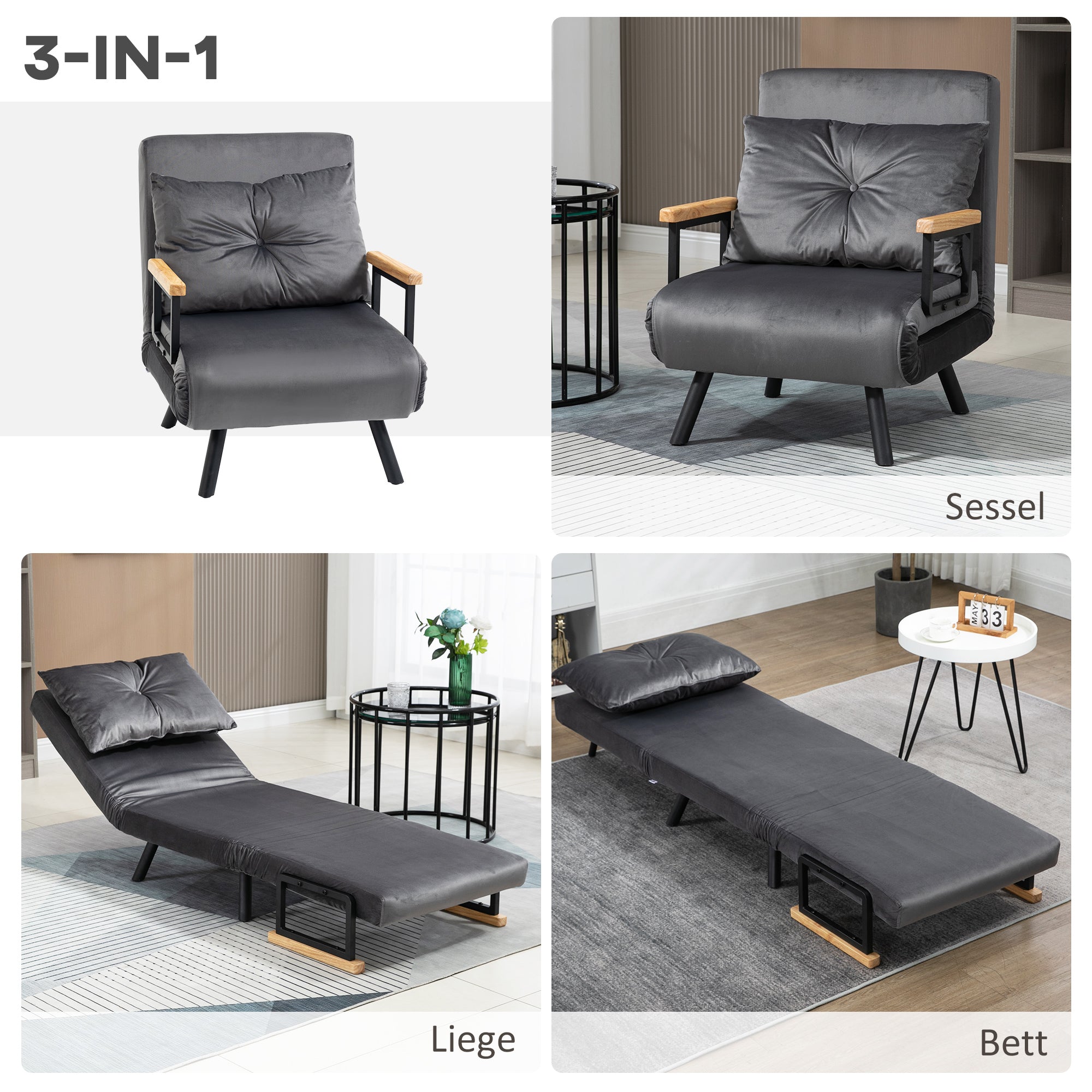 Sleeper Sofa, Folding Bed with Bed Function, Relax Chair with Back Pillow, Upholstered Sofa with Adjustable Backrest, Velvet Look, 63 x 73 x 81 cm, Dark Gray